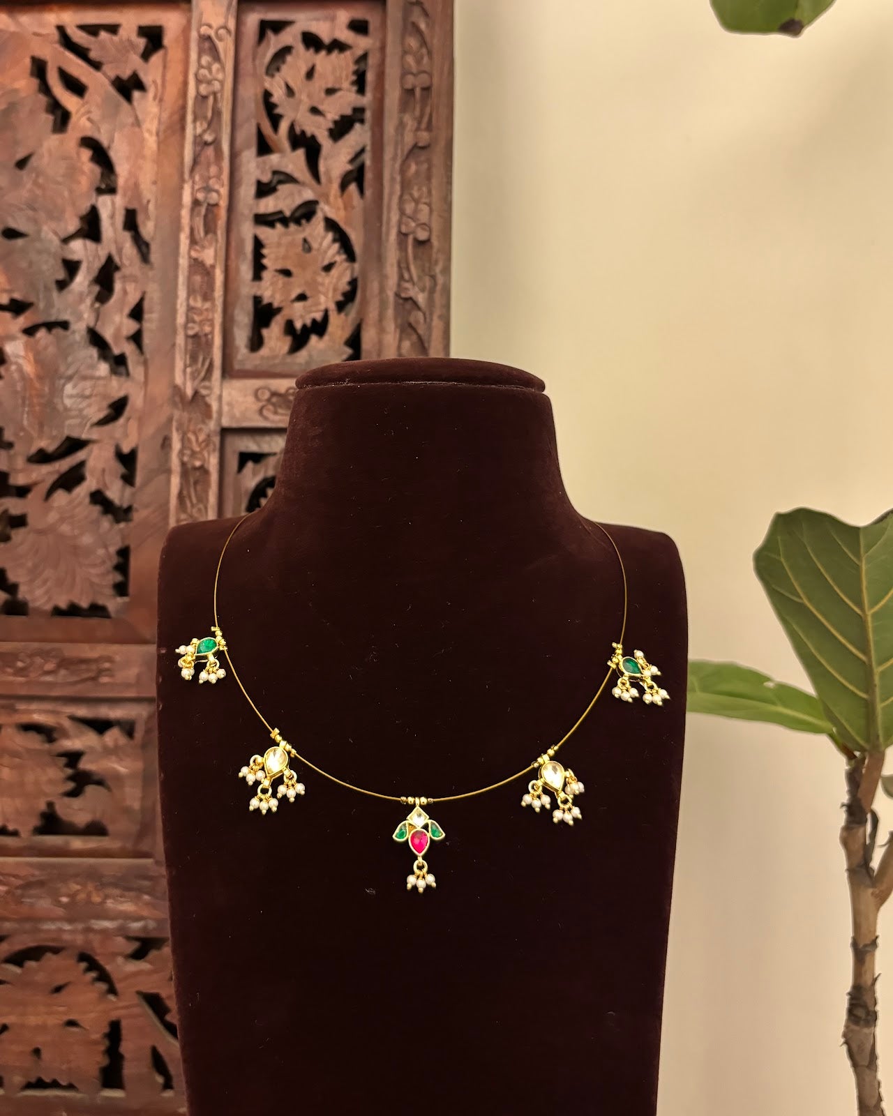Jadau Kundan Invisible Chain Necklace with Earrings | Multicolor | Handmade Gold Plated | NC742