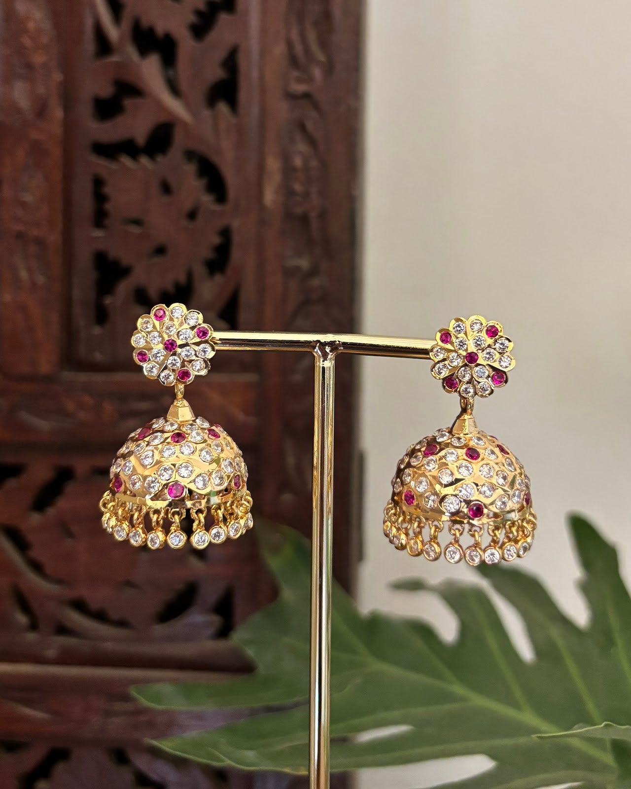 Vintage Impon Classic Jhumkas Ruby White ER390