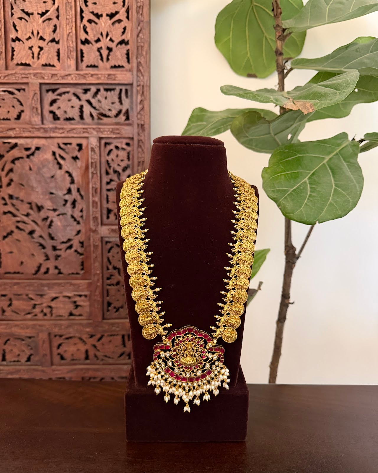 Divine Lakshmi Pendant Pearl Drop Kaasu Haram | Heritage-Inspired Handmade Gold Plated | NC833