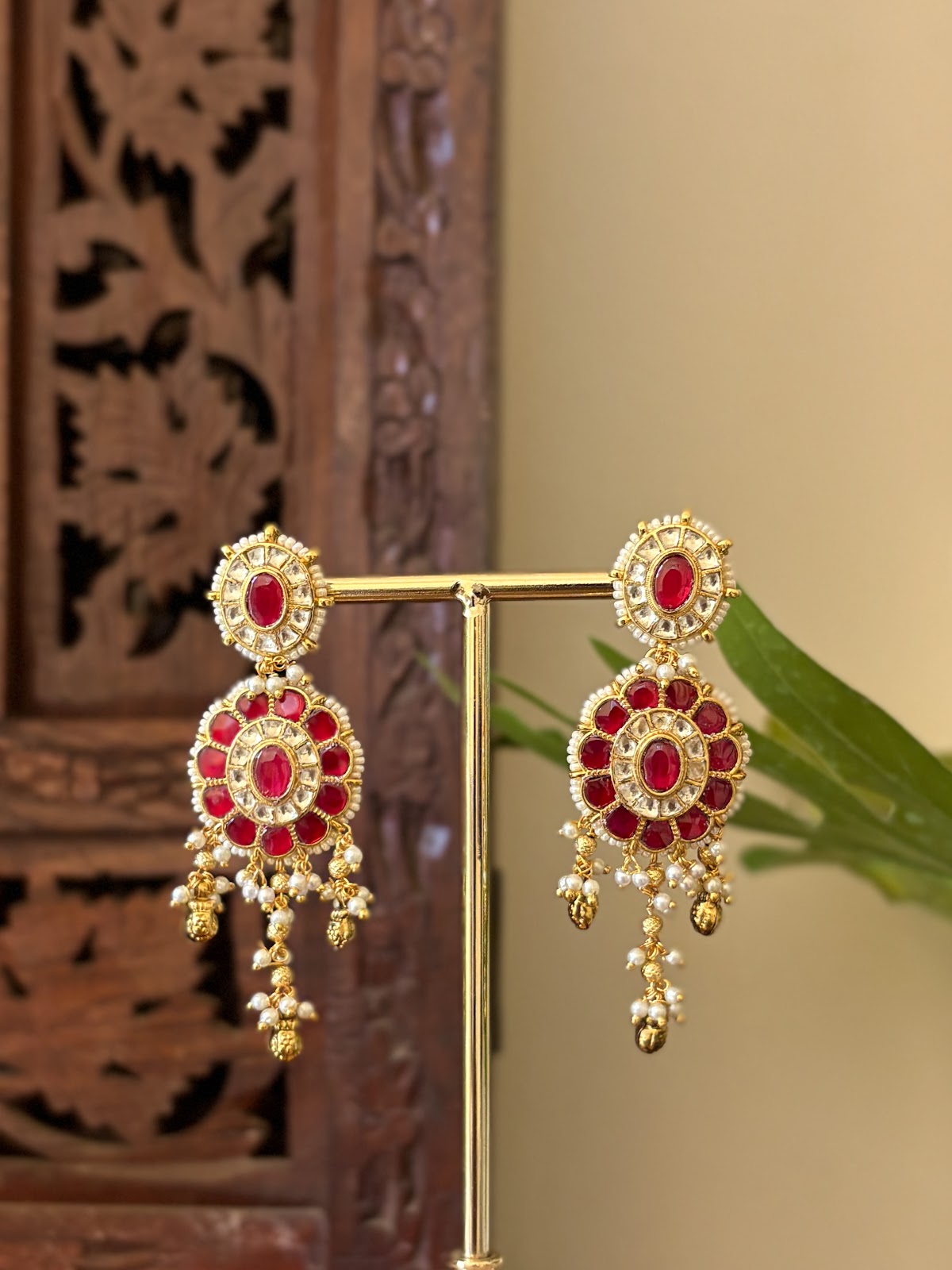 Floral Jadau Kundan Jhumkas With Pearl Hanging | Ruby & White | Handmade Gold Plated | ER440