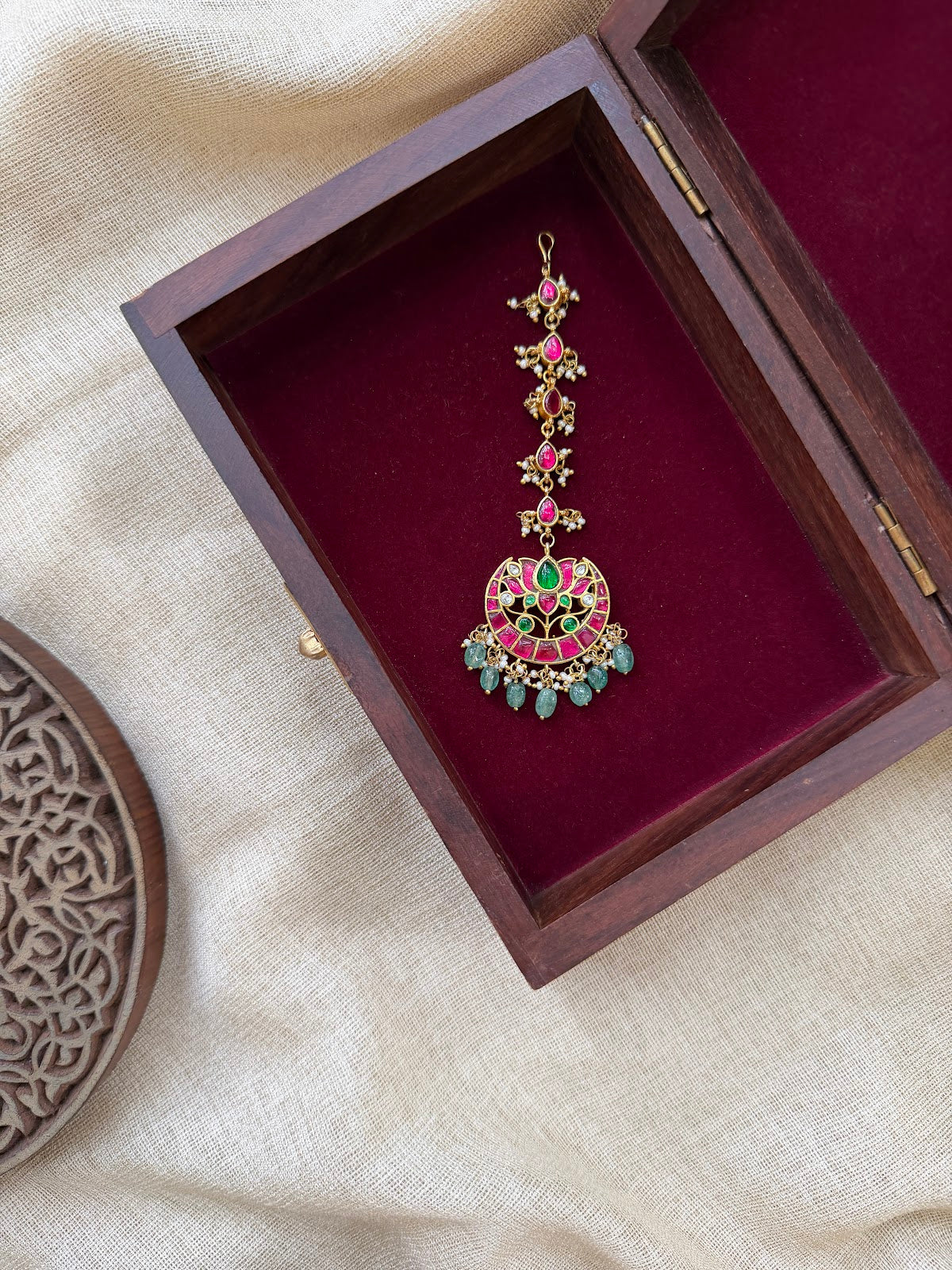 Traditional Lotus Jadau Kundan Maang Tikka | Handmade Gold Plated | MT369