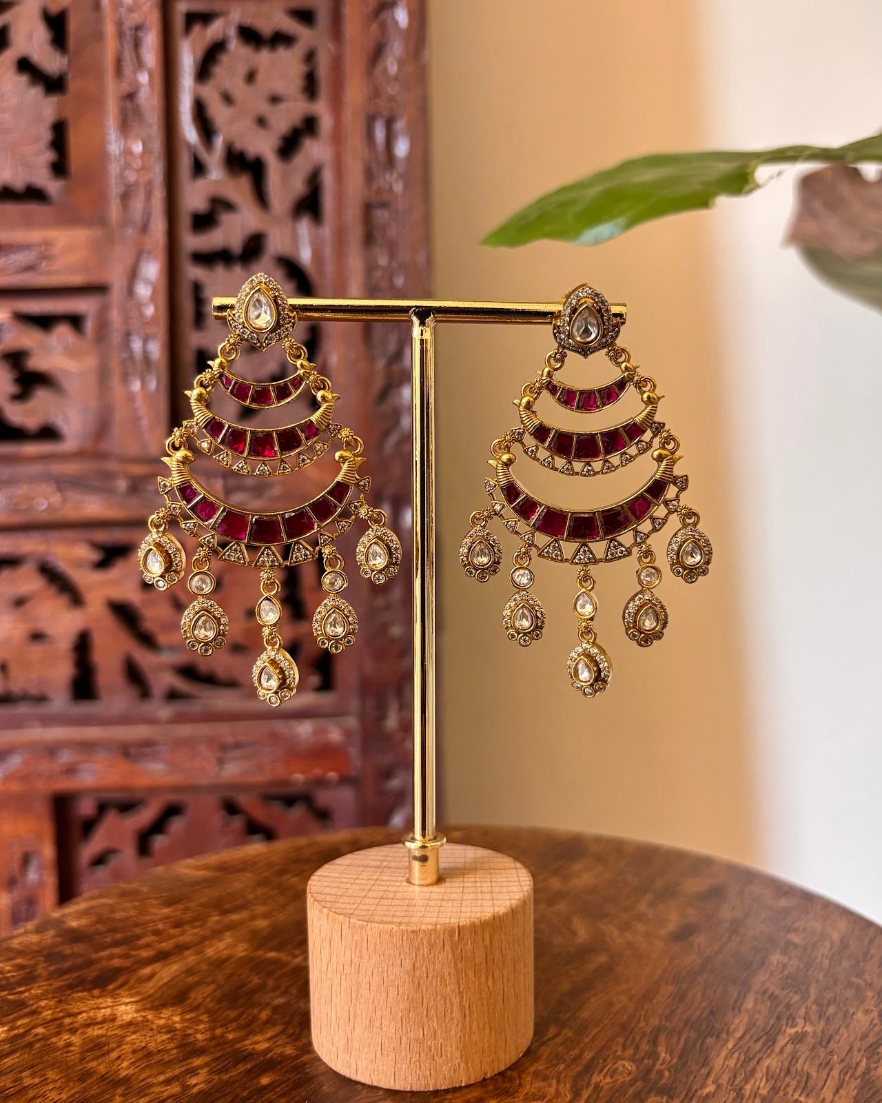 Jadau Kundan Chandbali Ruby Earrings | Handmade Gold Plated | ER459