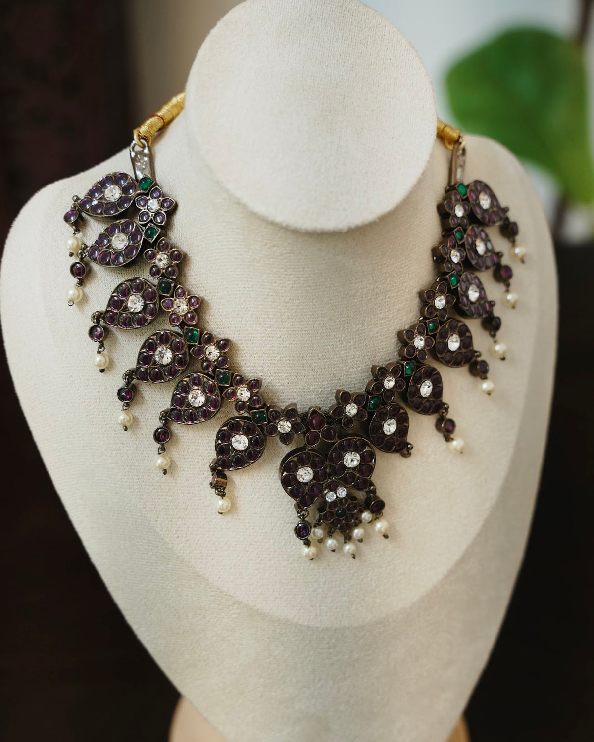 Vintage Black Oxidised Necklace with Kemp Stones & Pearl Beads | Handmade | NC918