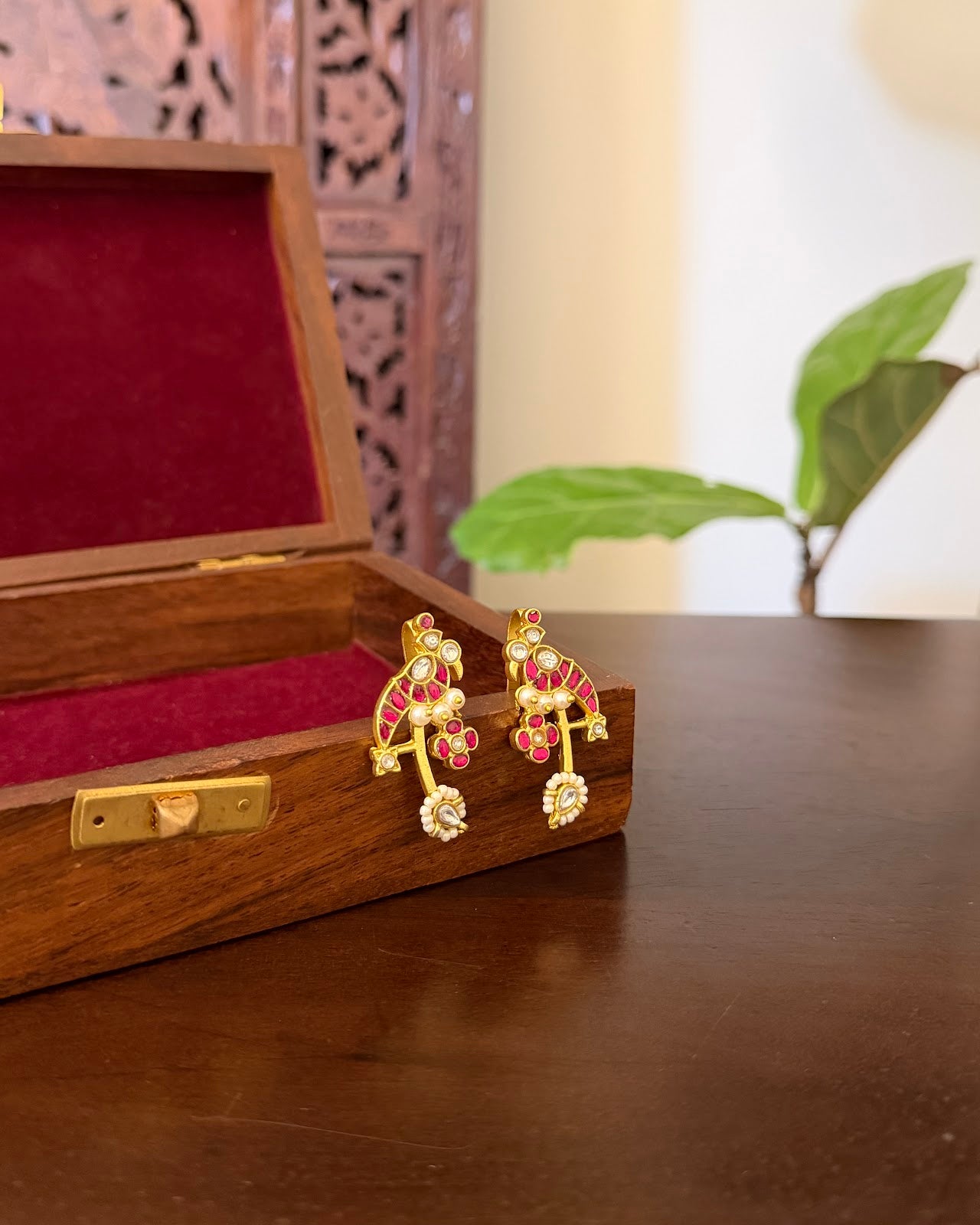 Jadau Kundan Parrot Bugadi | Ruby & White | Handmade Gold Plated | ER449
