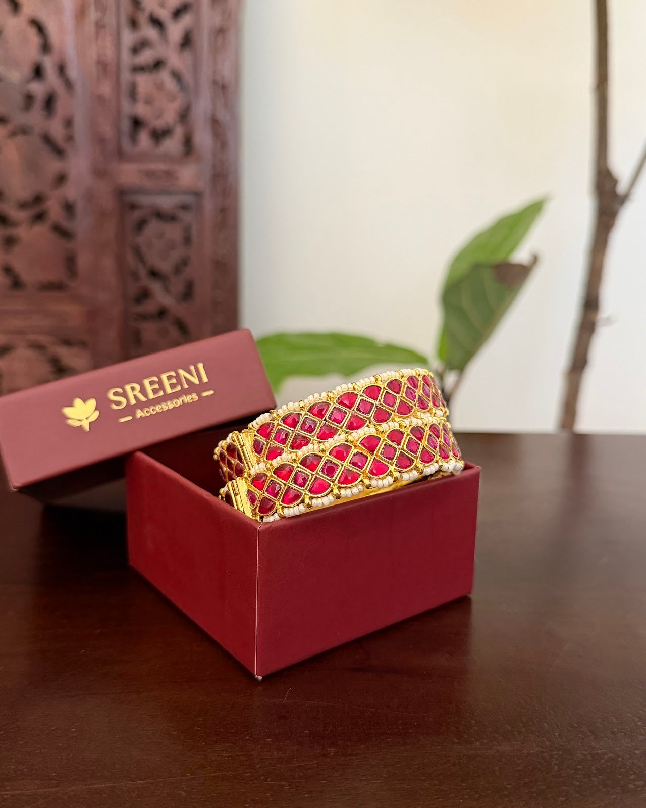 Jadau Kundan Gold Plated Bangles — Ruby with Pearl Detailing | BA127 | BA128 | BA129