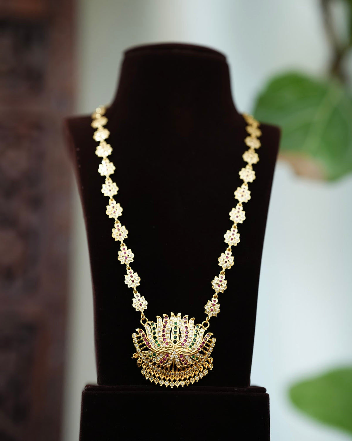 Vintage Impon Multicolour Lotus Design Long Haram Necklace | Handmade Gold Tone | NC925