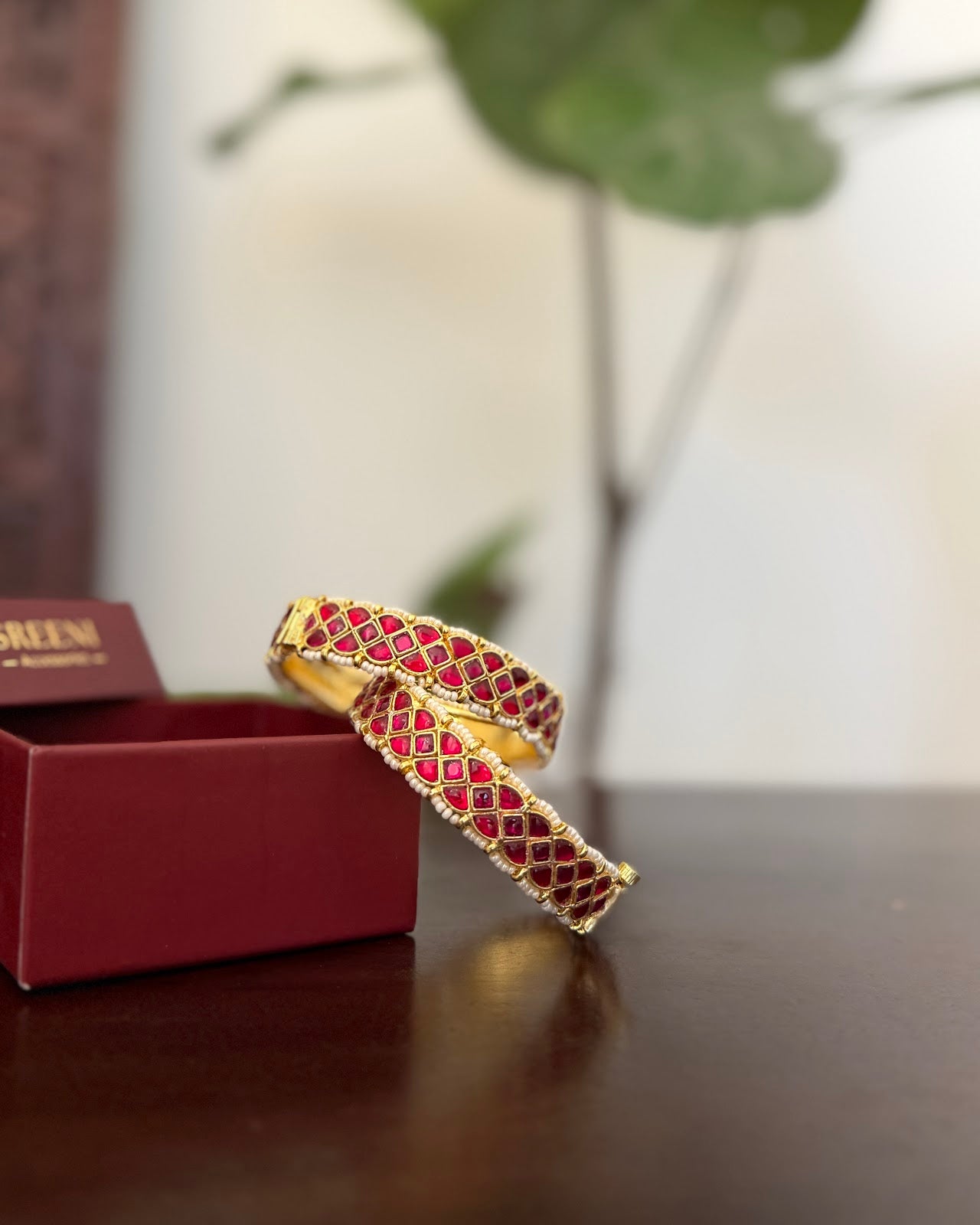 Jadau Kundan Gold Plated Bangles — Ruby with Pearl Detailing | BA127 | BA128 | BA129