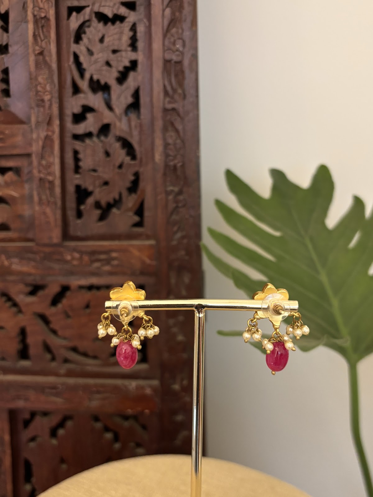 Royal Ruby Flower Studs | Handmade Gold Plated | ER426