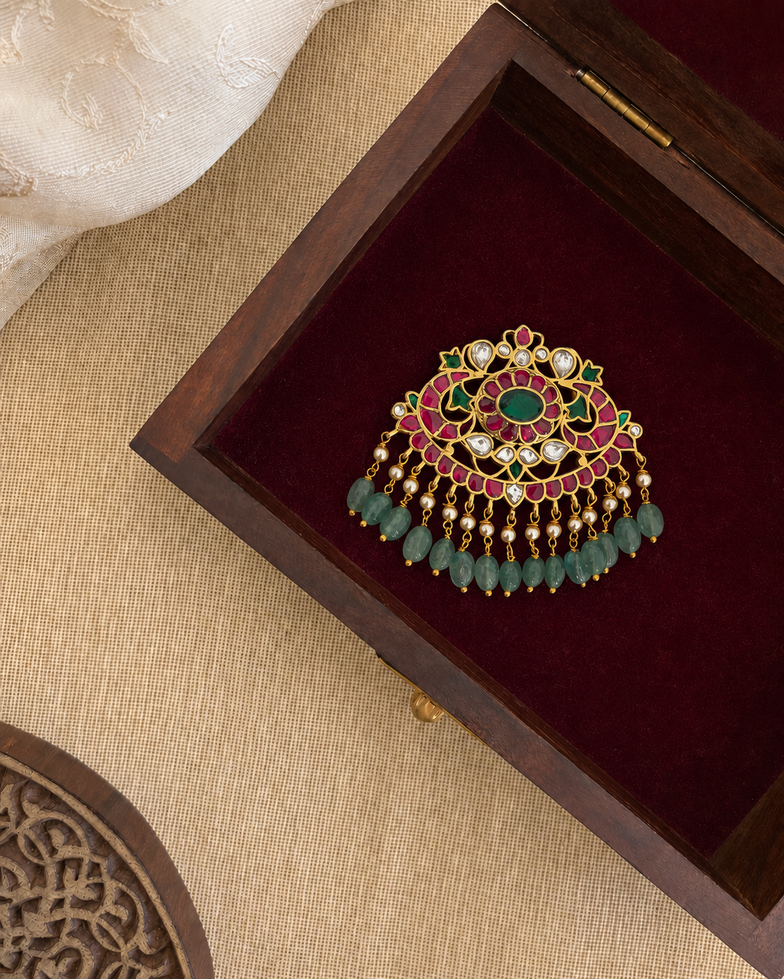 Handcrafted Floral Multi Colour Hair Pendant | Jadau Kundan & Pearls | Handmade Gold Plated | HA373