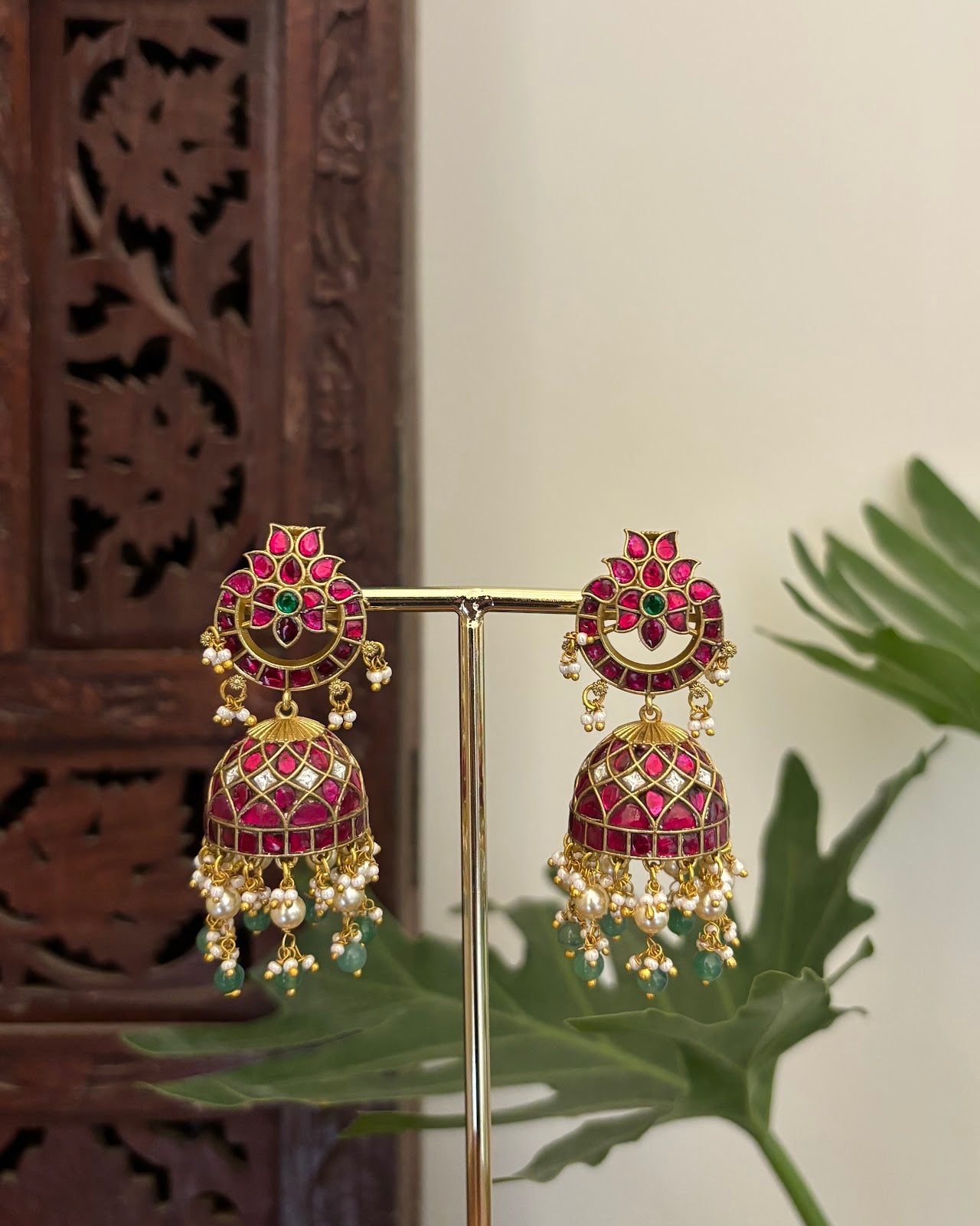 Multicolor Floral Jadau Kundan Jhumkas with Pearl Hangings ER398