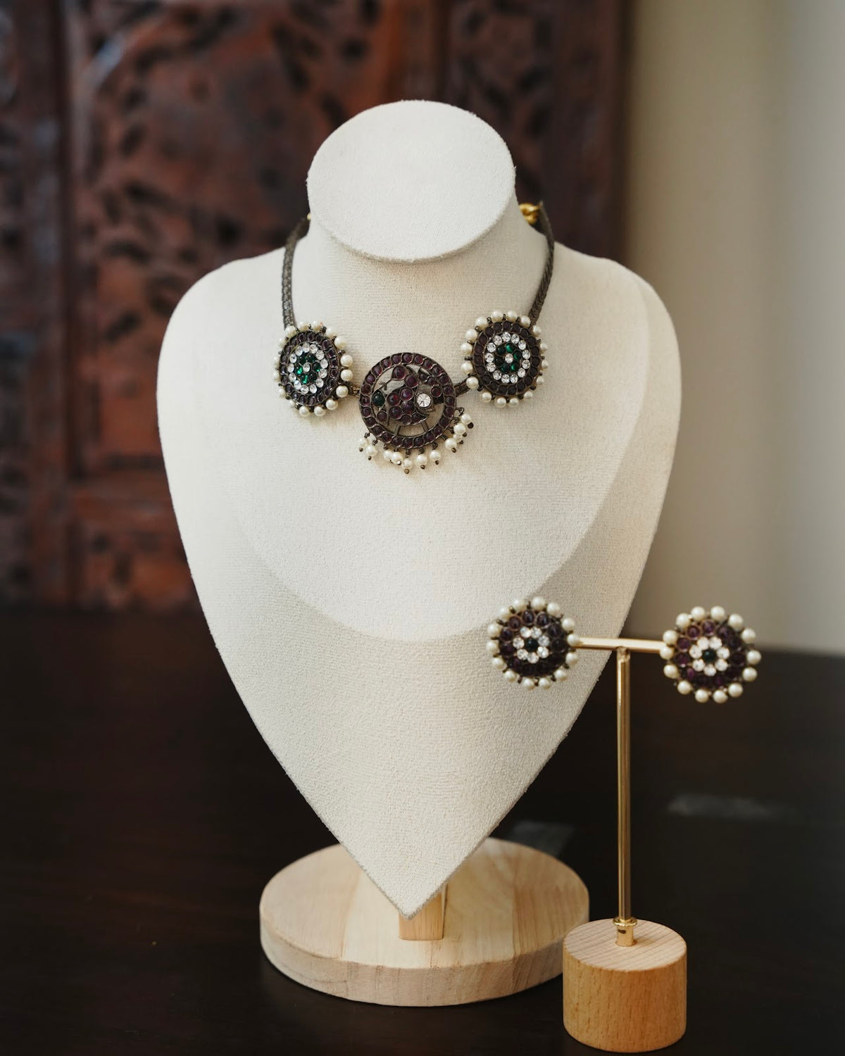 Vintage Black Oxidised Peacock Kemp Stone Short Necklace Set with Earrings | Handmade | NC919