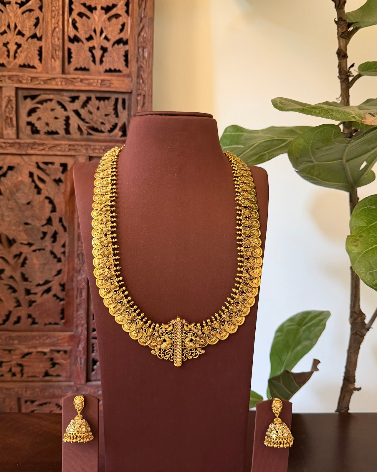 Antique Peacock Statement Kaasu Haram with Earrings | Handmade Gold Plated | NC838