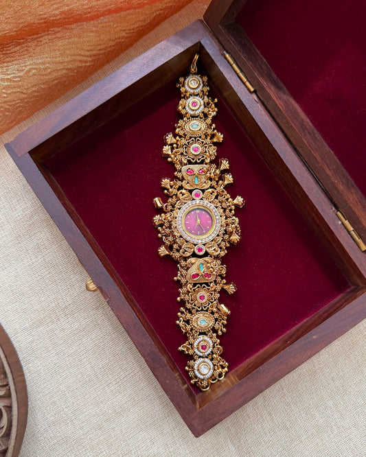 Regal Jadau Kundan Designer Watch | Handmade Gold Plated | WA005