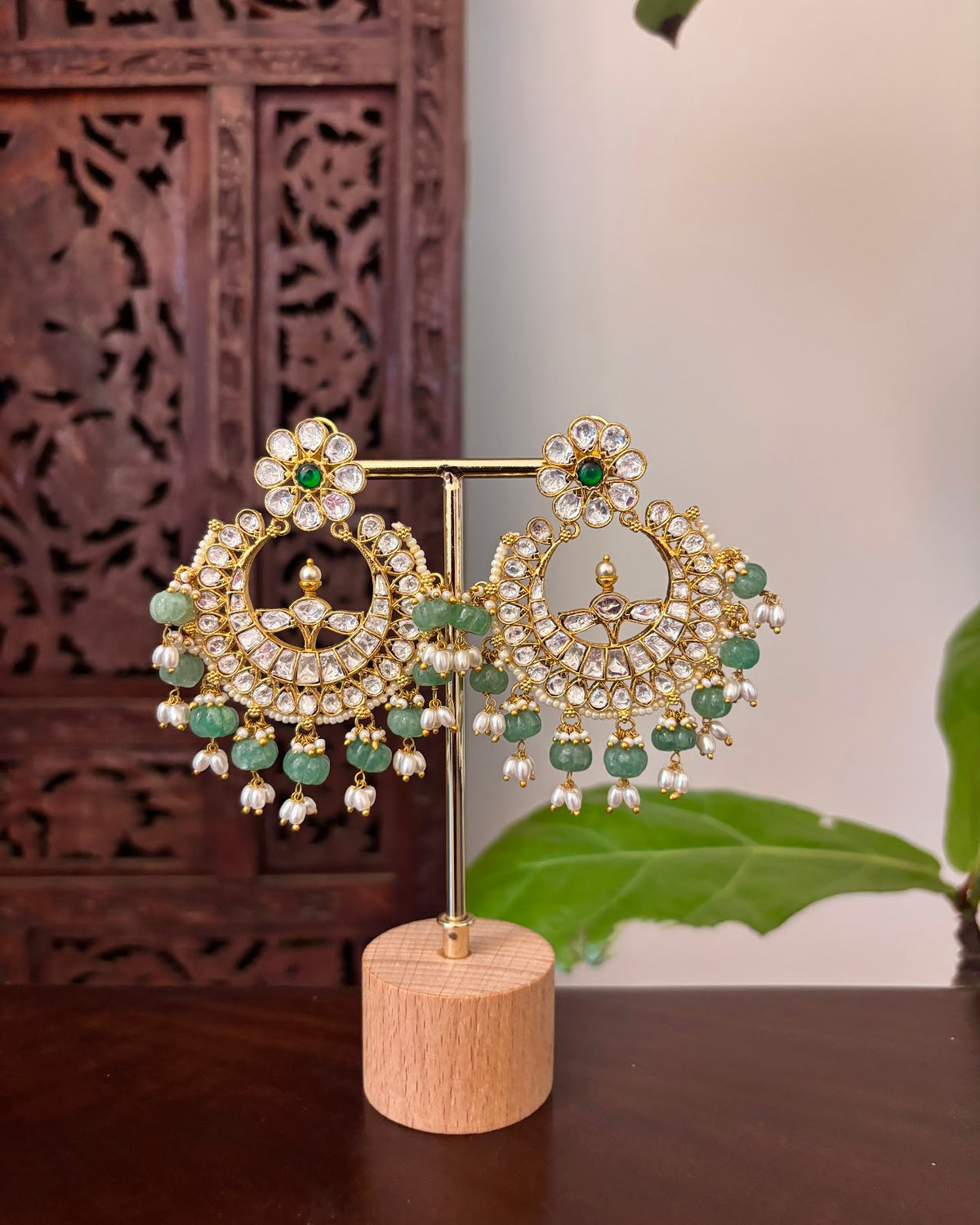 White Floral Jadau Kundan Jhumkas with Green Beads | Handmade Gold Plated | ER473