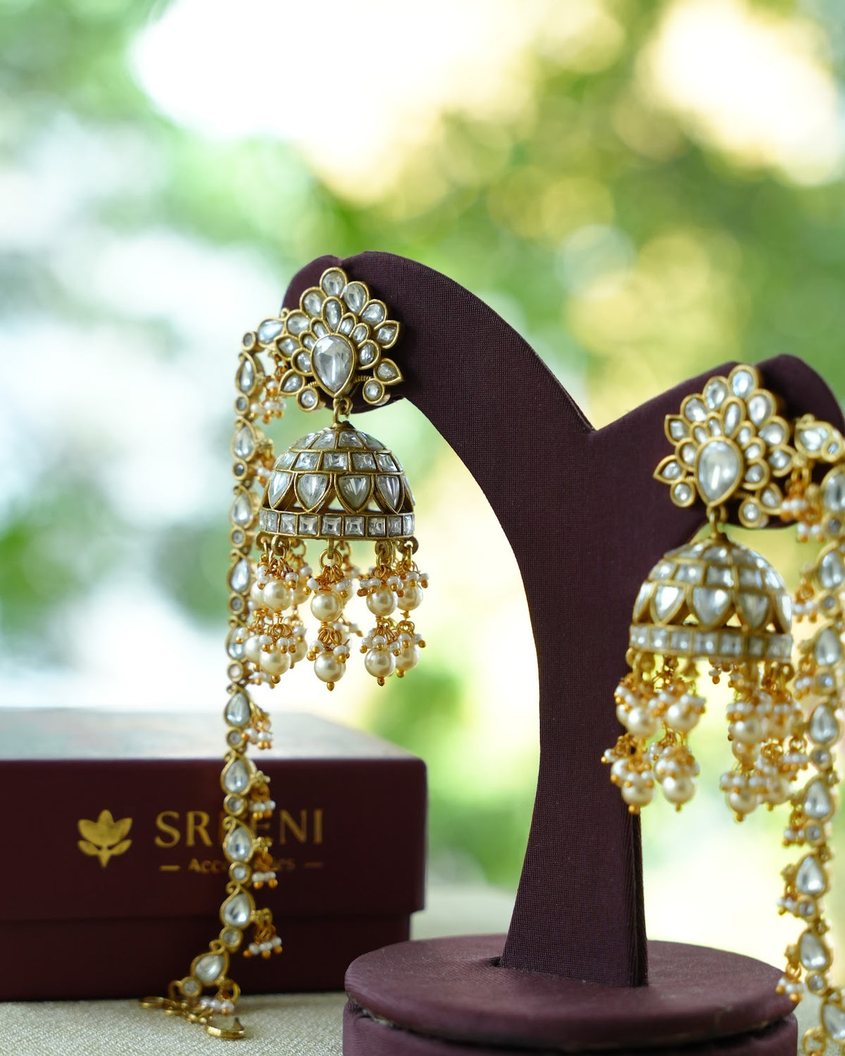 White Kundan Floral Earrings with Ear Chain | Handmade Gold Plated | ER514