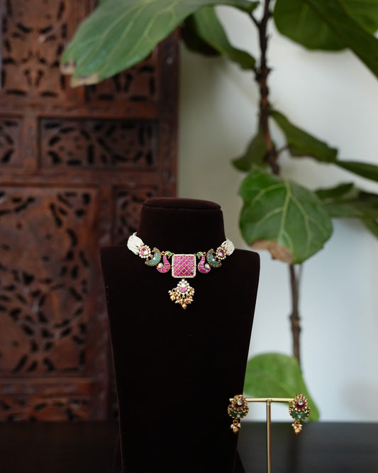Kundan Pearl Peacock Choker with Earrings | Handmade Gold Plated | NC892