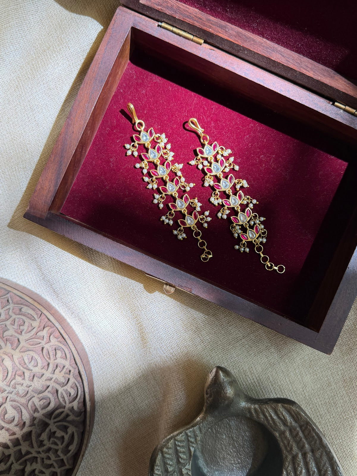 Floral Kundan Straight Ear Chain | Handmade Gold Plated | EC234