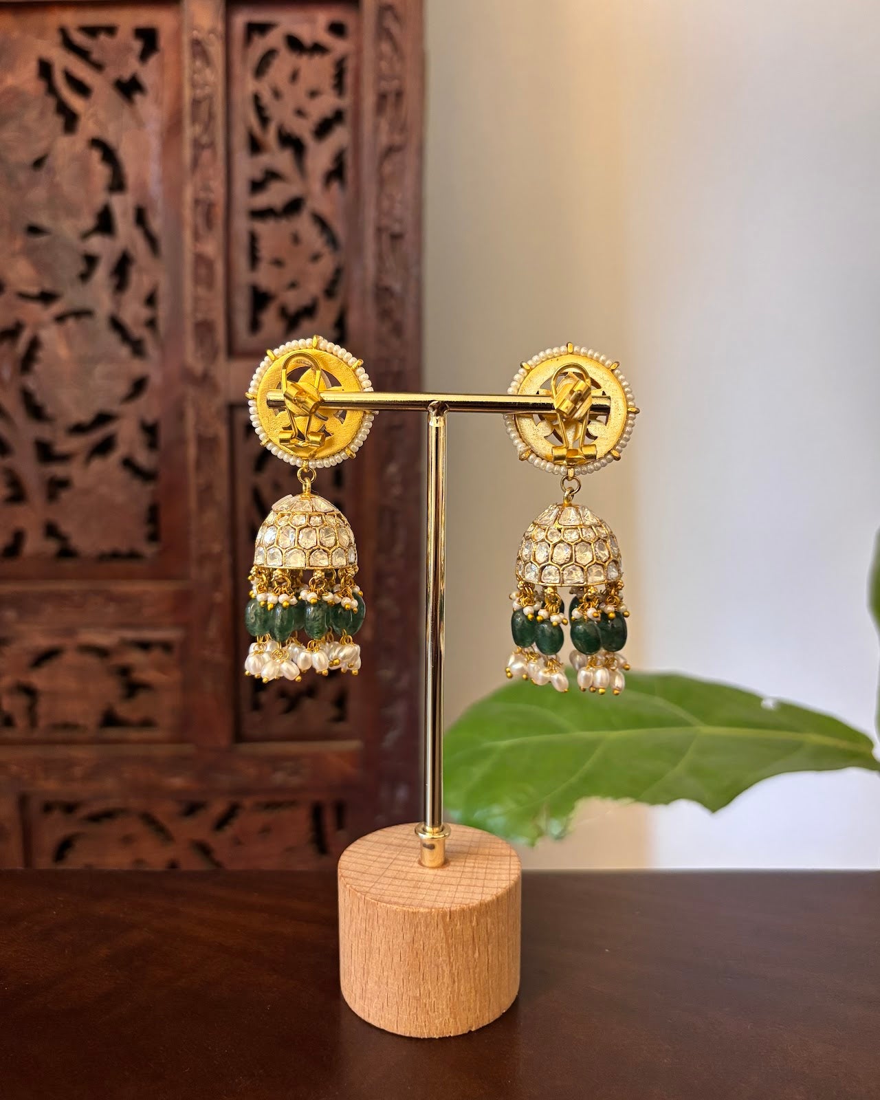 Elegant White Gold-Finish Kundan Jhumkas | Handmade Gold Plated | ER469