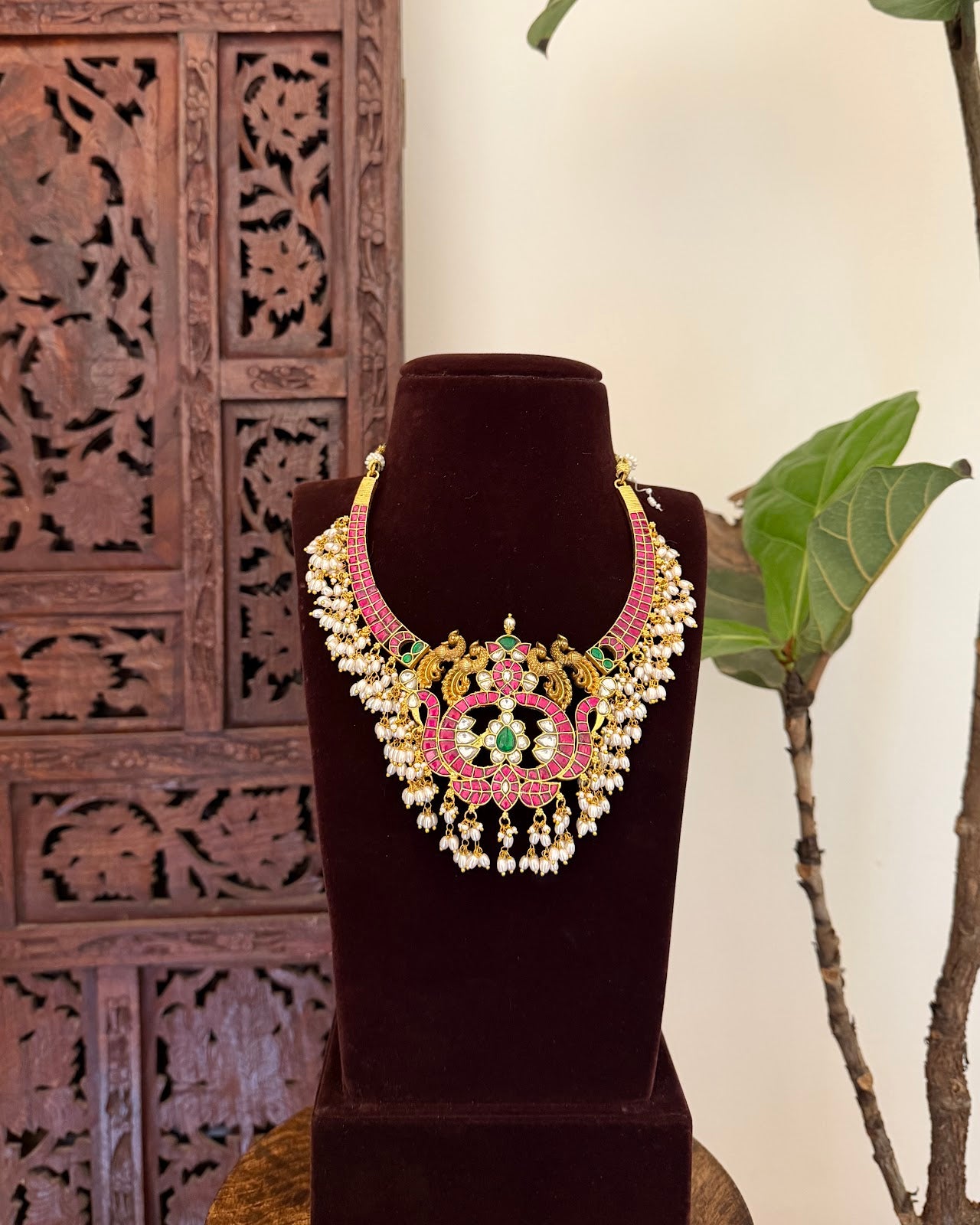 Royal Jadau Kundan Statement Necklace with Peacock Pendant | Handmade Gold Plated | NC781