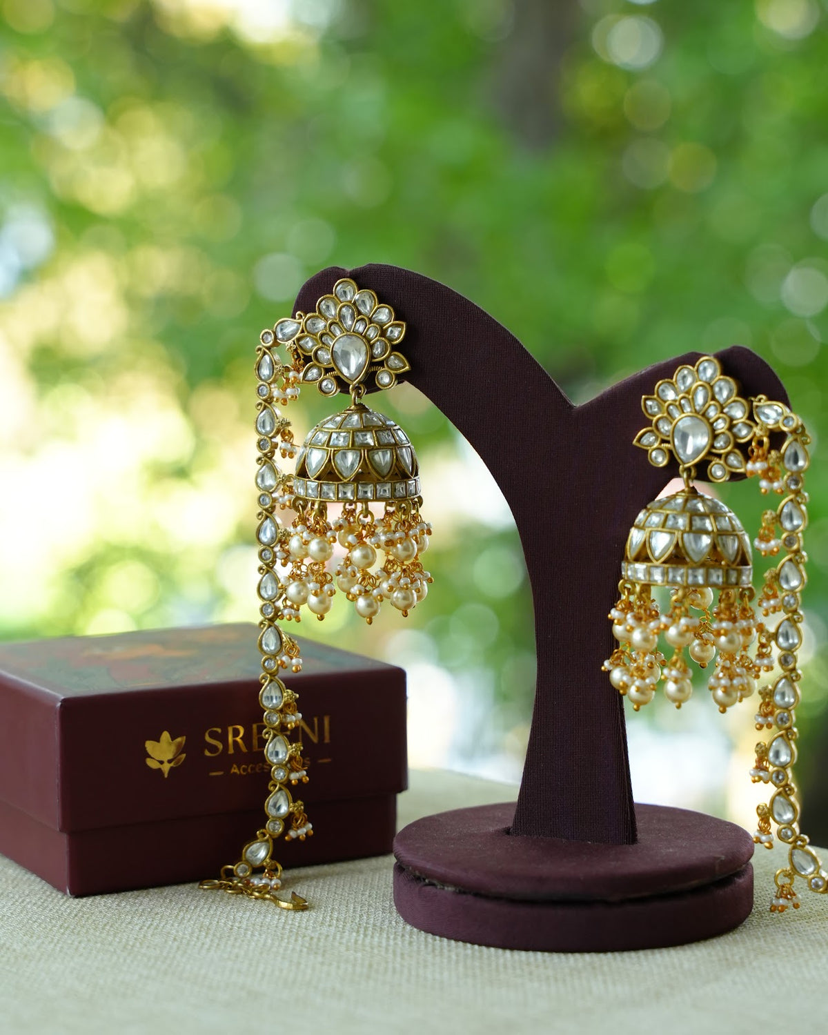 White Kundan Floral Earrings with Ear Chain | Handmade Gold Plated | ER514