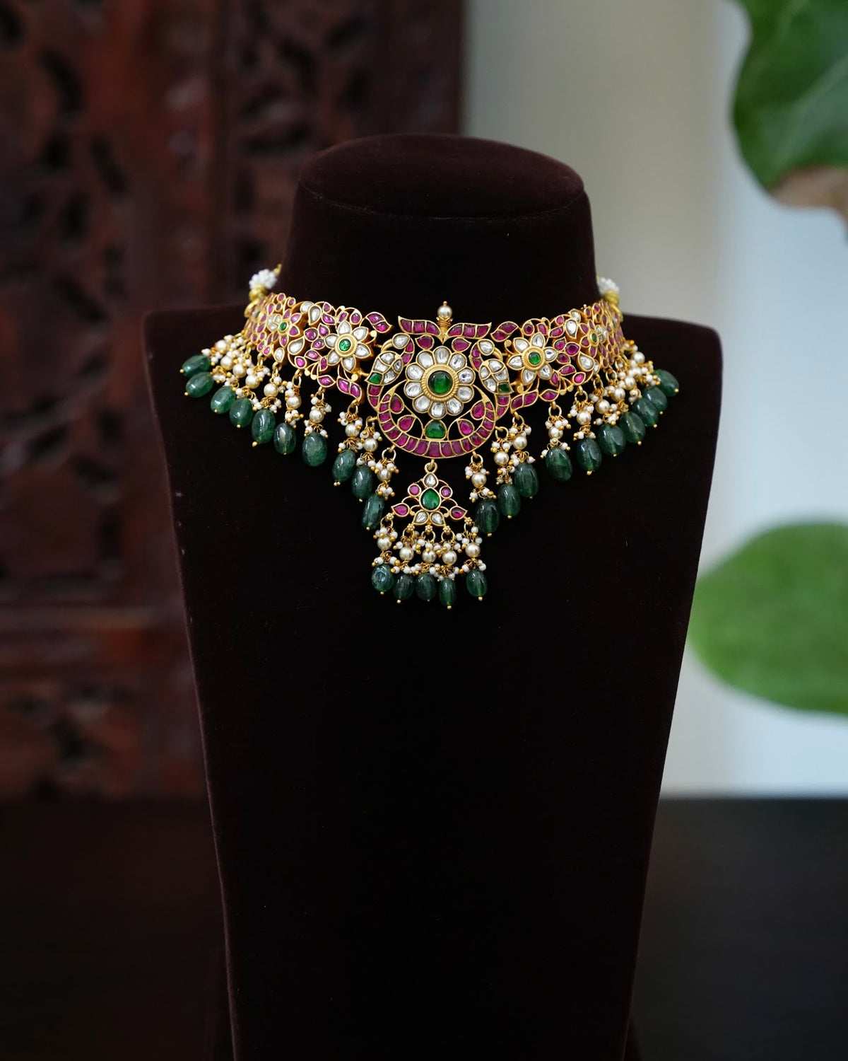 Multicolour Jadau Kundan Polki Choker Necklace with Green Pearls | Handmade Gold Plated | NC948