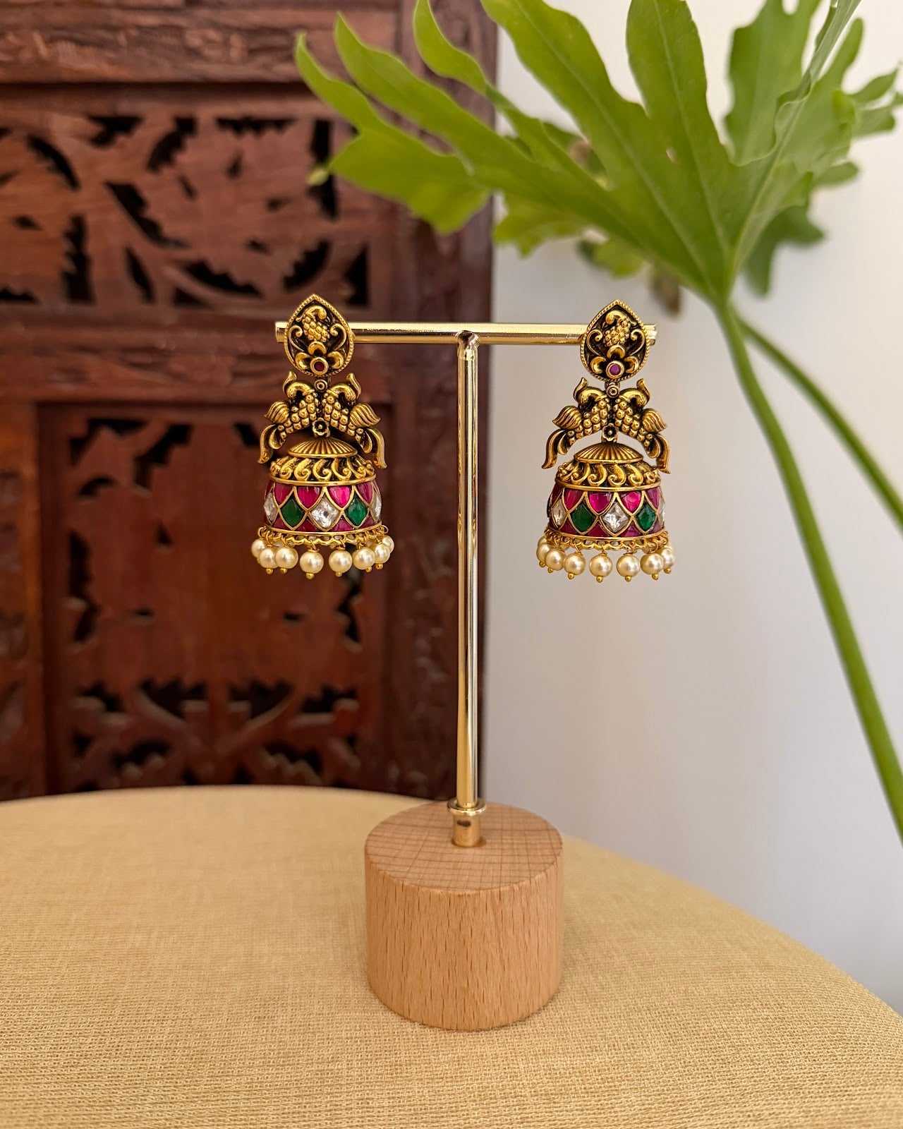 Multicolor Peacock Jadau Kundan Jhumkas With Pearl Hangings | ER416