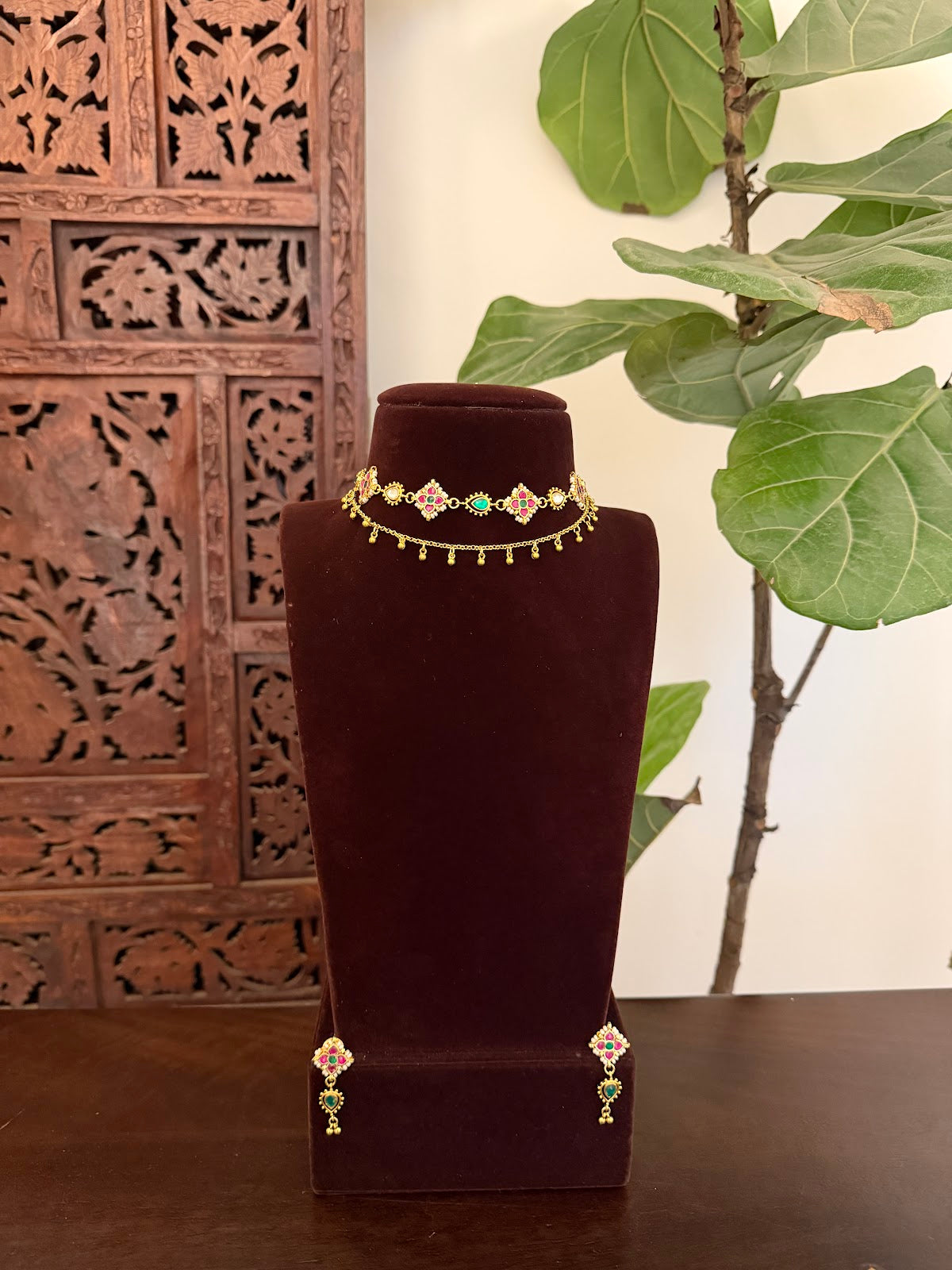 2-Layer Multi-Color Floral Kundan Choker with Earrings | Handmade Gold Plated | NC853