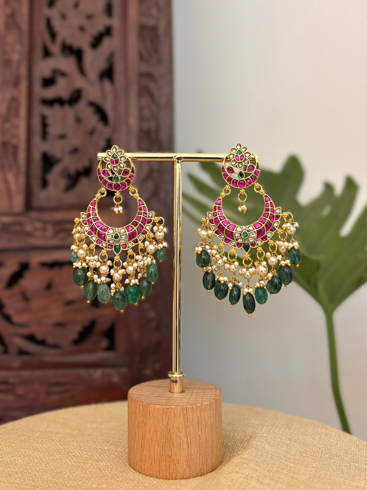Bridal Jadau Kundan Peacock Chandbali Earrings with Pearls & Strawberry Beads | Handmade Gold Plated | ER427