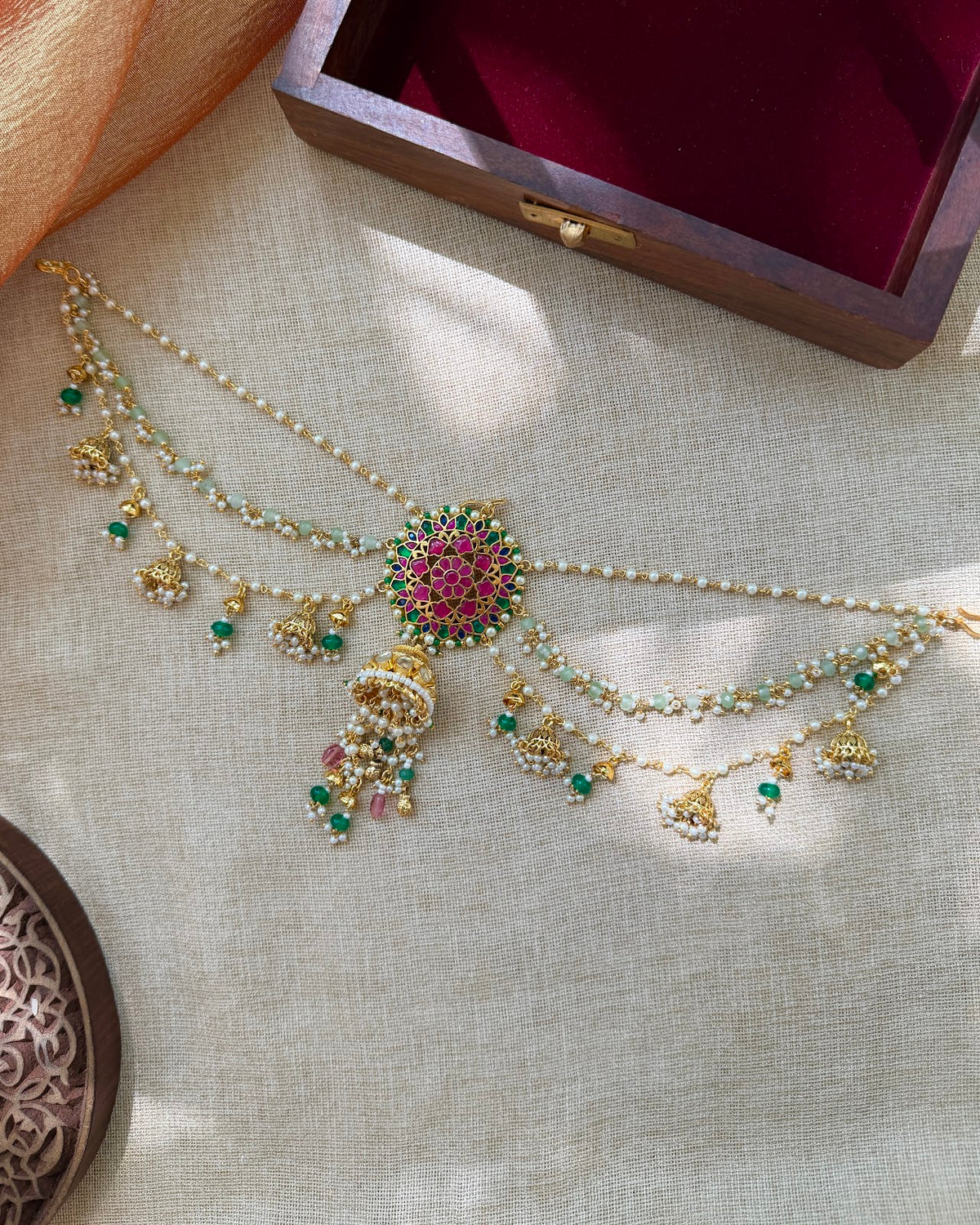 Traditional Jadau Kundan Pendant with Side Chain Hair Accessory HA412