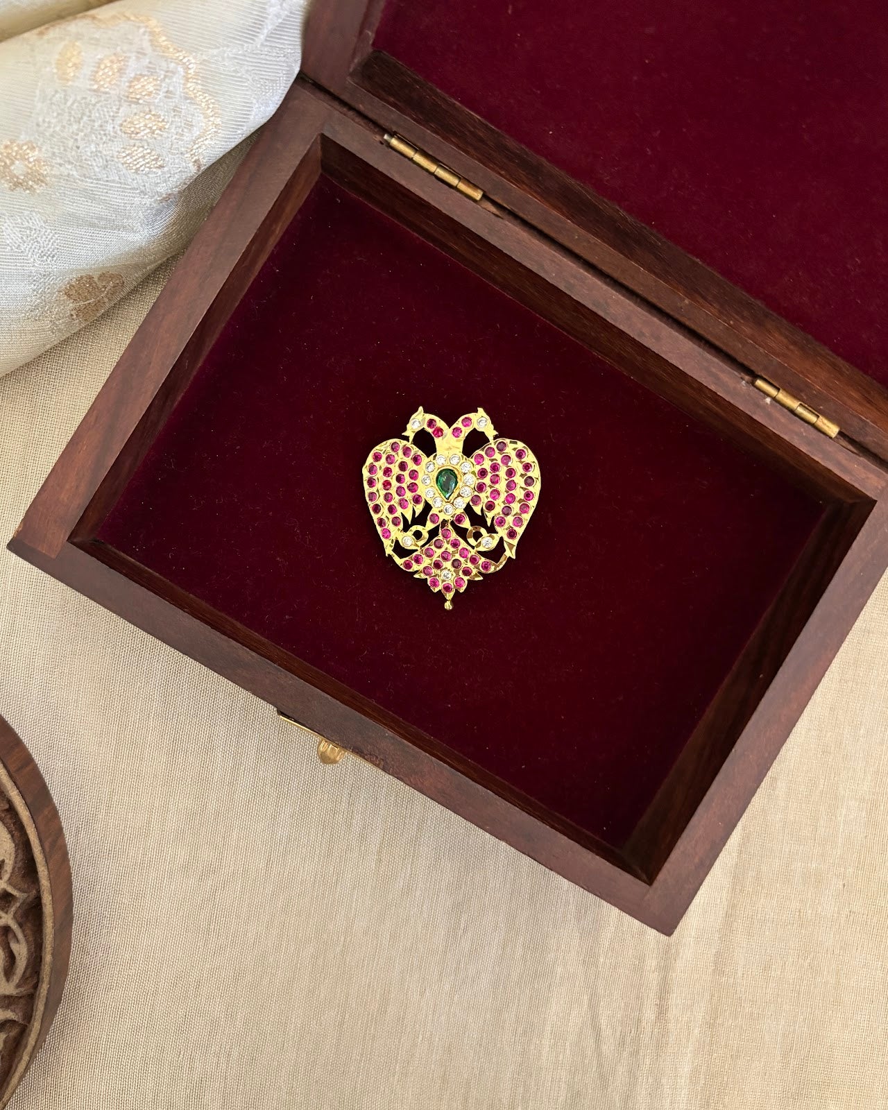 Traditional Peacock Pendant with Ruby Sparkle & Gold Finish
