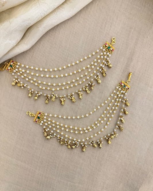 Multi Color Kundan Five-Layer Pearl Ear Chain | Handmade Gold Plated | EC220