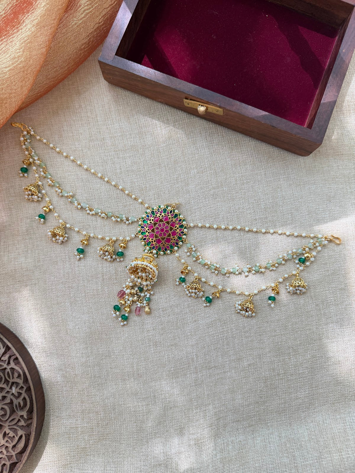 Traditional Jadau Kundan Pendant with Side Chain Hair Accessory HA412