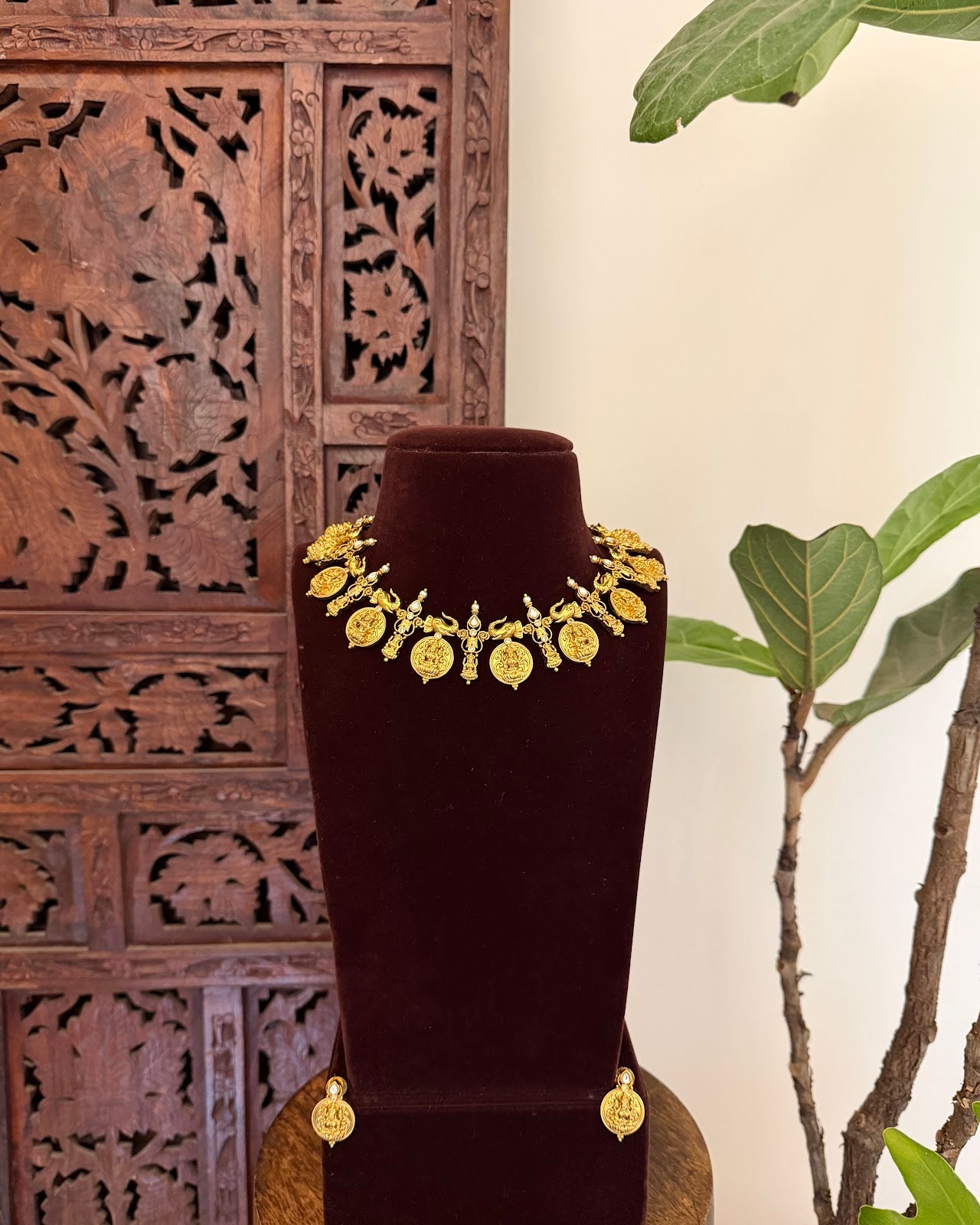 Antique Lakshmi Elephant Kaasu Necklace with Earrings | Handmade Gold Plated | NC737