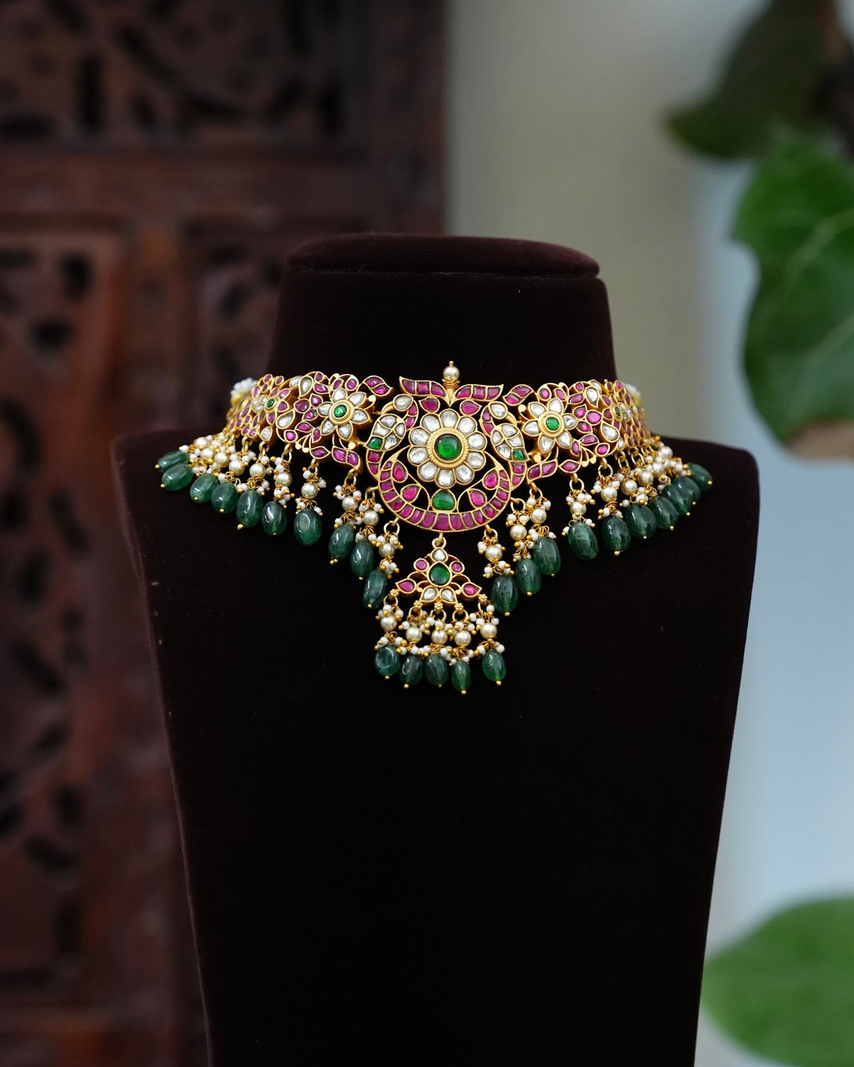Multicolour Jadau Kundan Polki Choker Necklace with Green Pearls | Handmade Gold Plated | NC948