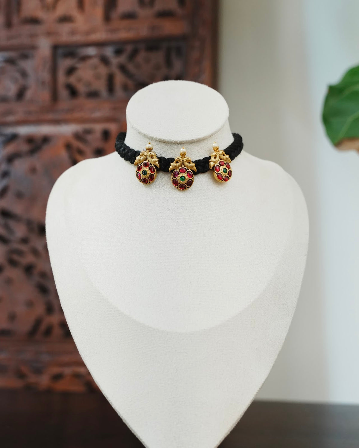 Vintage Black Thread Chain with Kundan Peacock Locket | Handmade Gold Tone | NC922