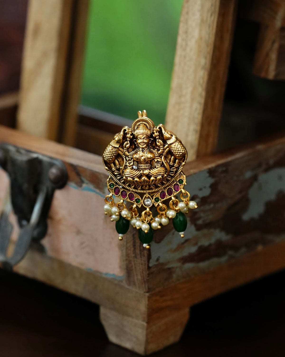 Traditional Lakshmi & Elephant Hair Pendant with Green Beads | HA437