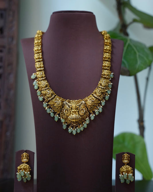 Antique Gold Plated Lakshmi Temple Necklace Set with Green Beads | Handmade Gold Plated | NC937
