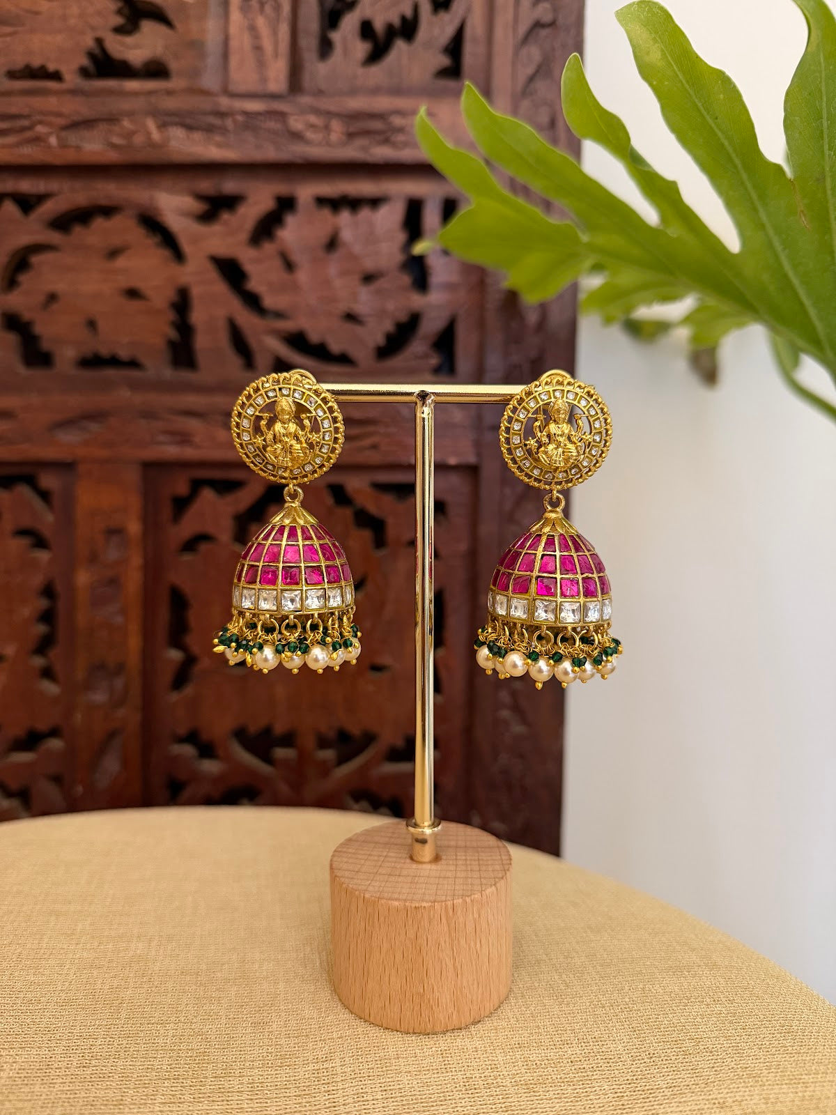 Ruby & White Jadau Kundan Lakshmi Jhumkas | ER413