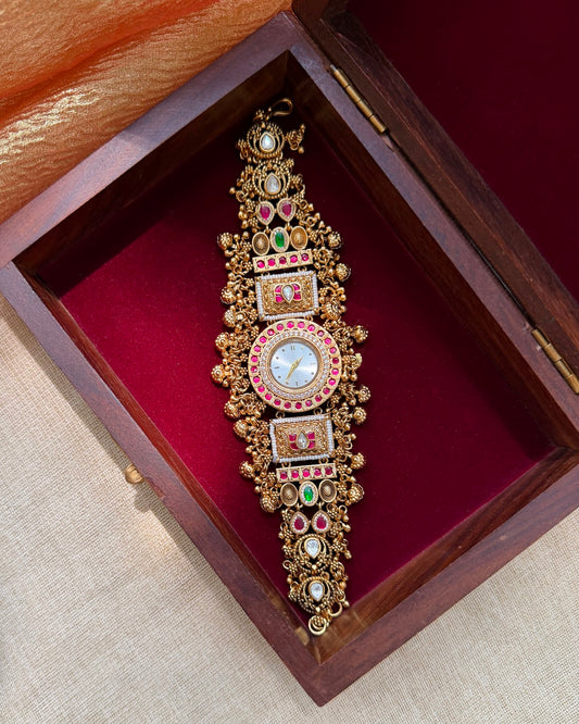 Lotus Motif Classic Jadau Kundan Designer Watch | Handmade Gold Plated | WA004