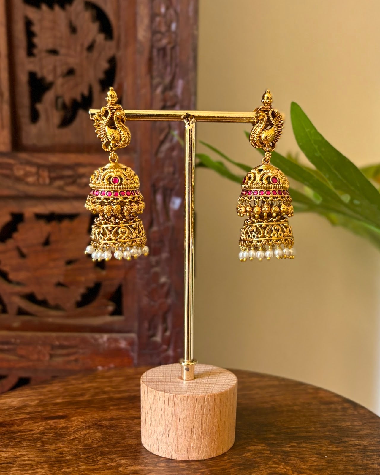 Traditional Antique Peacock Layered Jhumkas | Ruby & White | Handmade Gold Plated | ER445