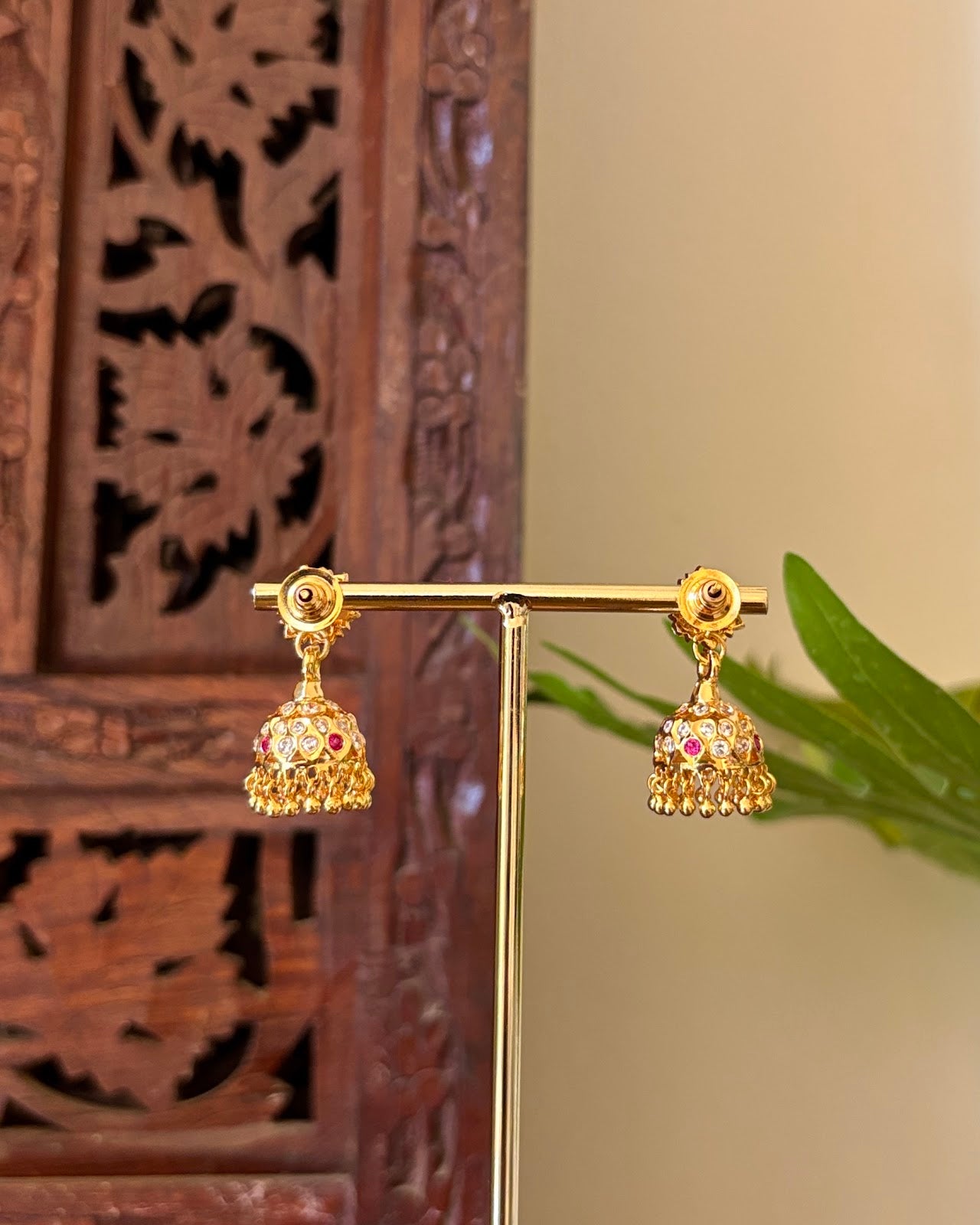Vintage Impon Small Earrings | Classic Jhumkas | Ruby and White | Handmade Gold Tone | ER443