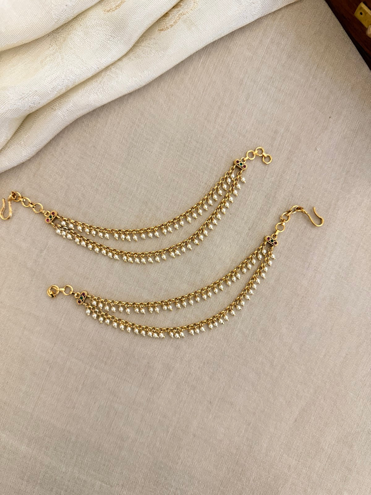 Minimal 2-Layer Gold Finish Ear Chain With Pearl | Handmade Gold Plated | EC216