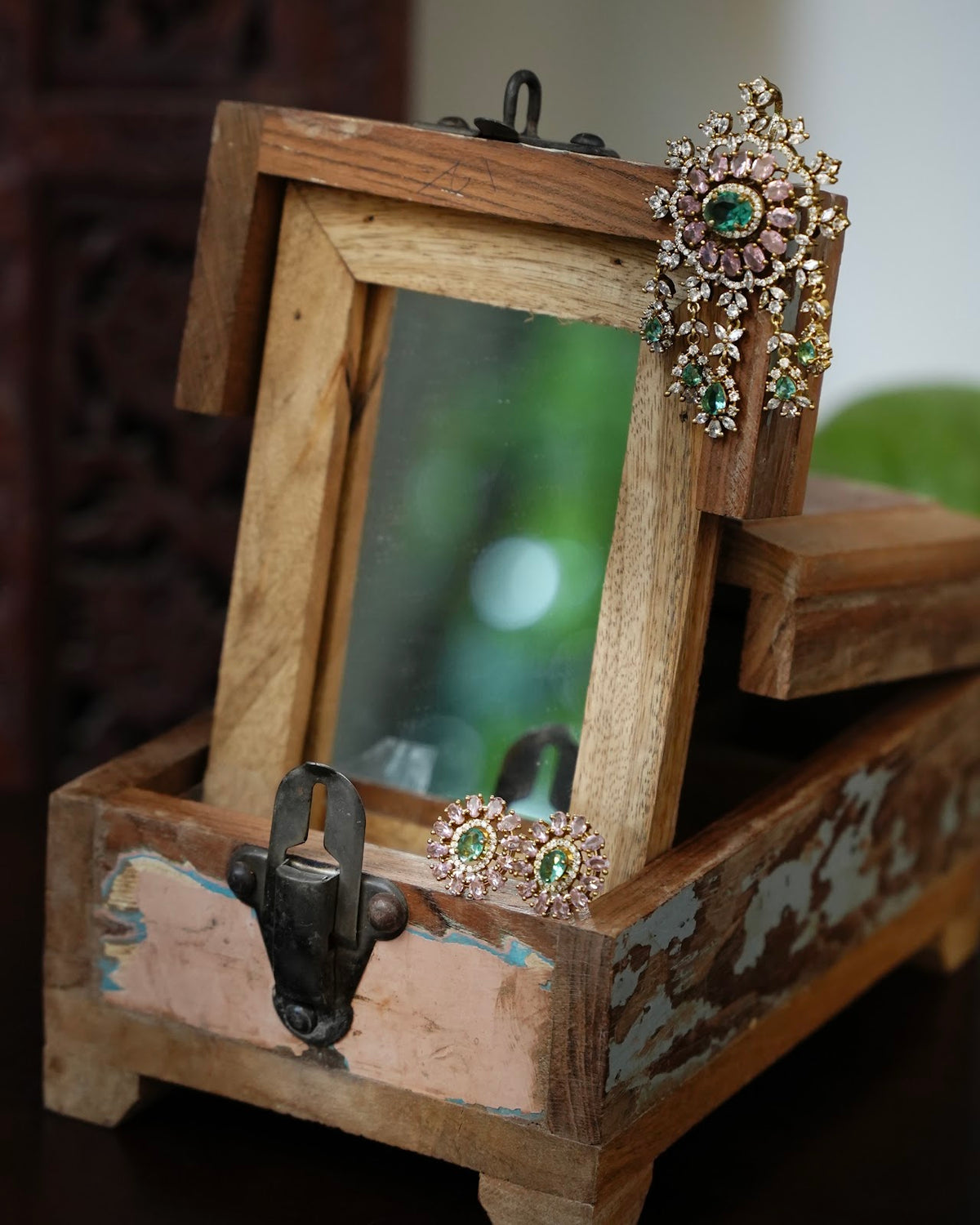 Pink & Green AD Stone Pendant and Stud Earrings Set  | NC910