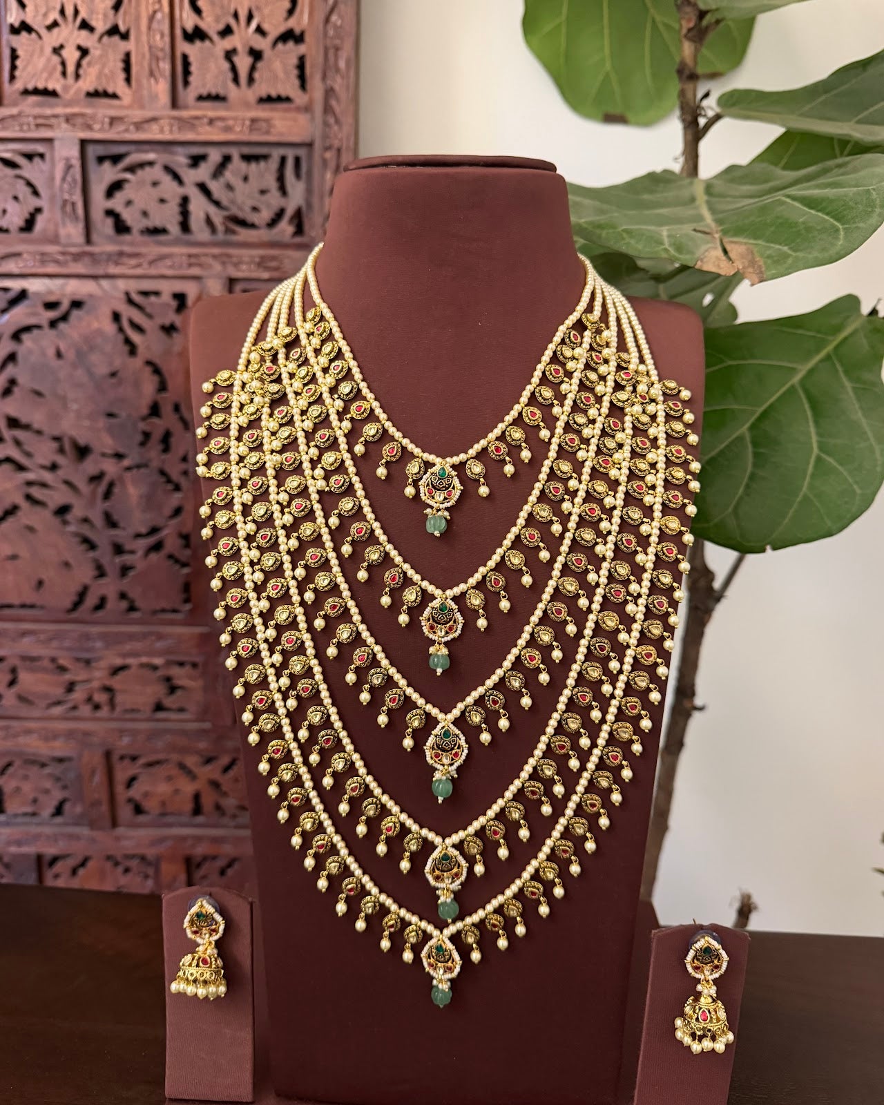 Statement Rani Haar or Panch Lada Necklace with Matching Jhumkas | Handmade Gold Plated | NC811