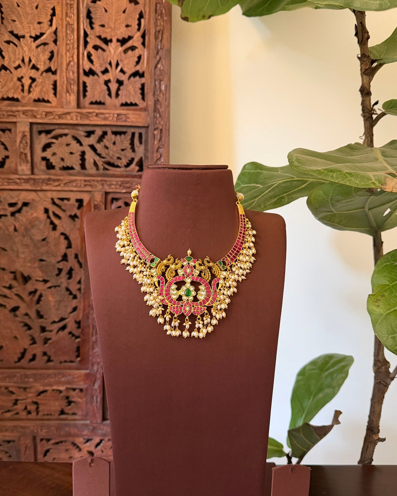 Jadau Kundan Guttapusalu Kanti Peacock Necklace | Handmade Gold Plated | NC844