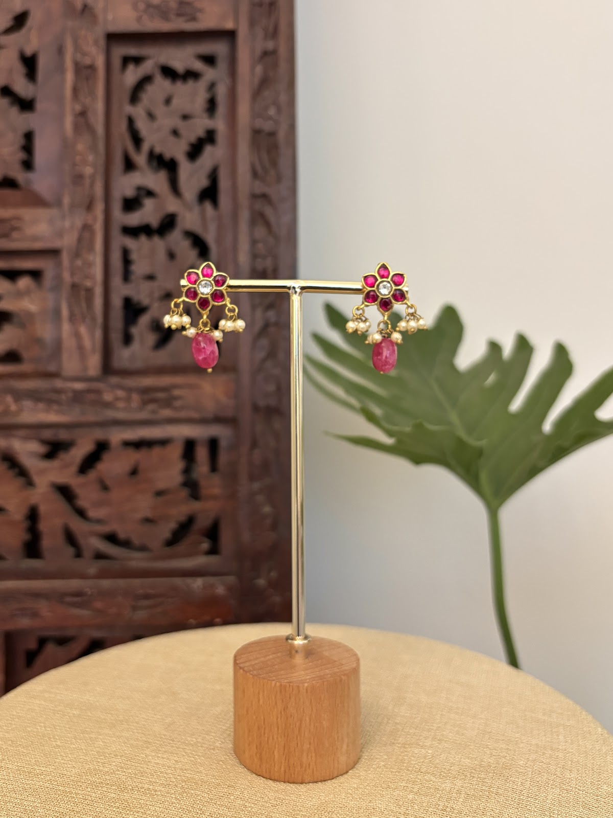 Royal Ruby Flower Studs | Handmade Gold Plated | ER426