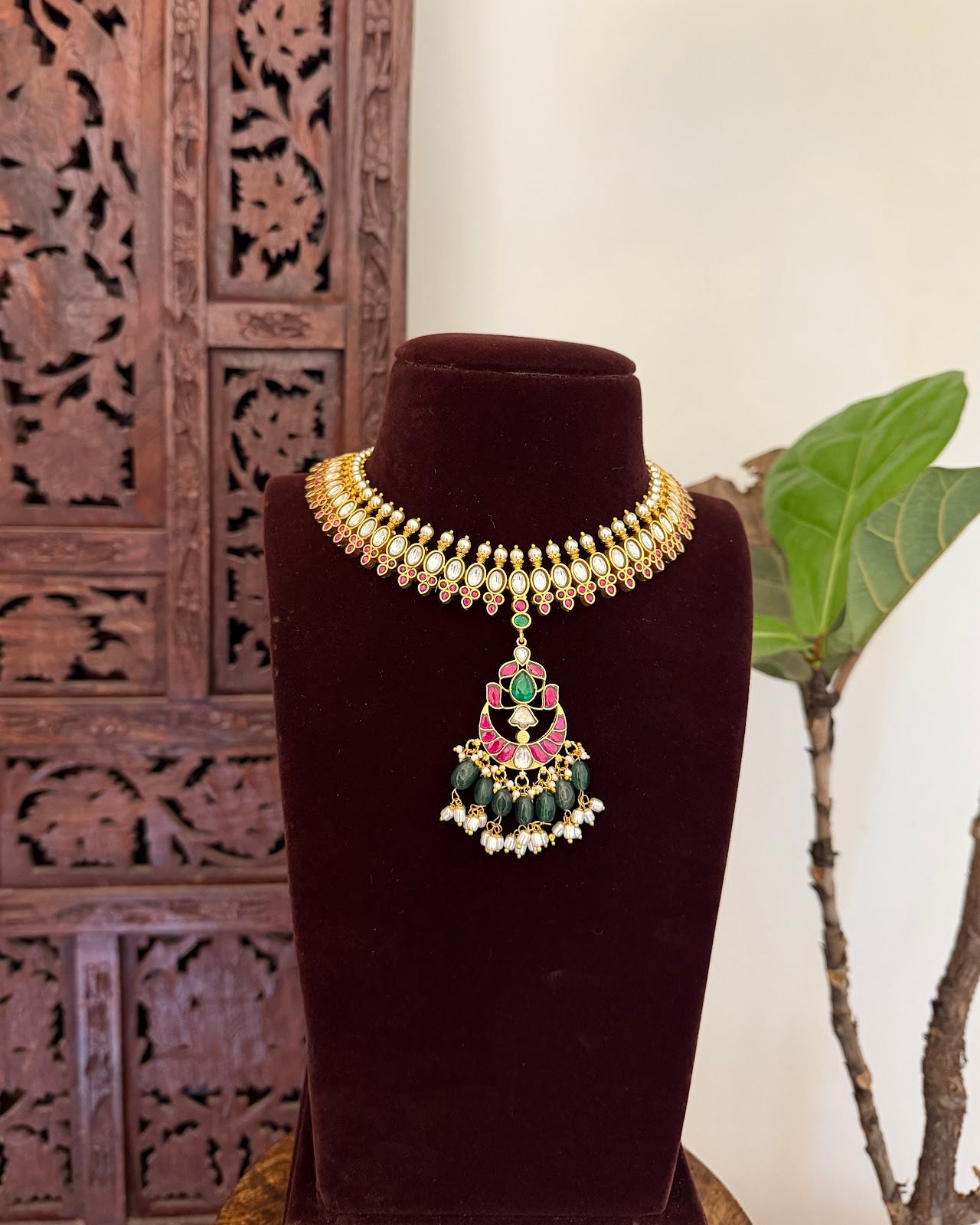 Multicolor Jadau Kundan Choker Necklace with Floral Center Pendant | Handmade Gold Plated | NC782