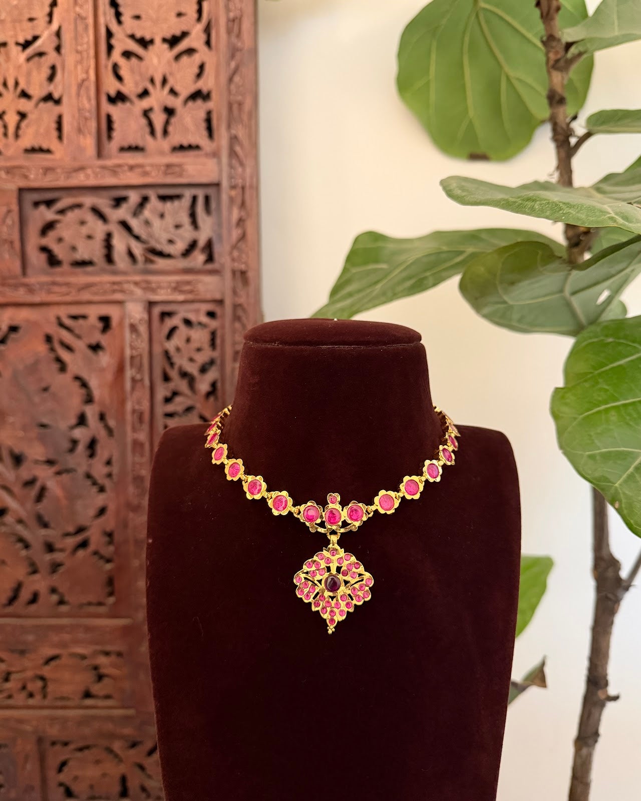 Attigai Vintage Ruby Floral Necklace | Handmade Gold Tone | NC812