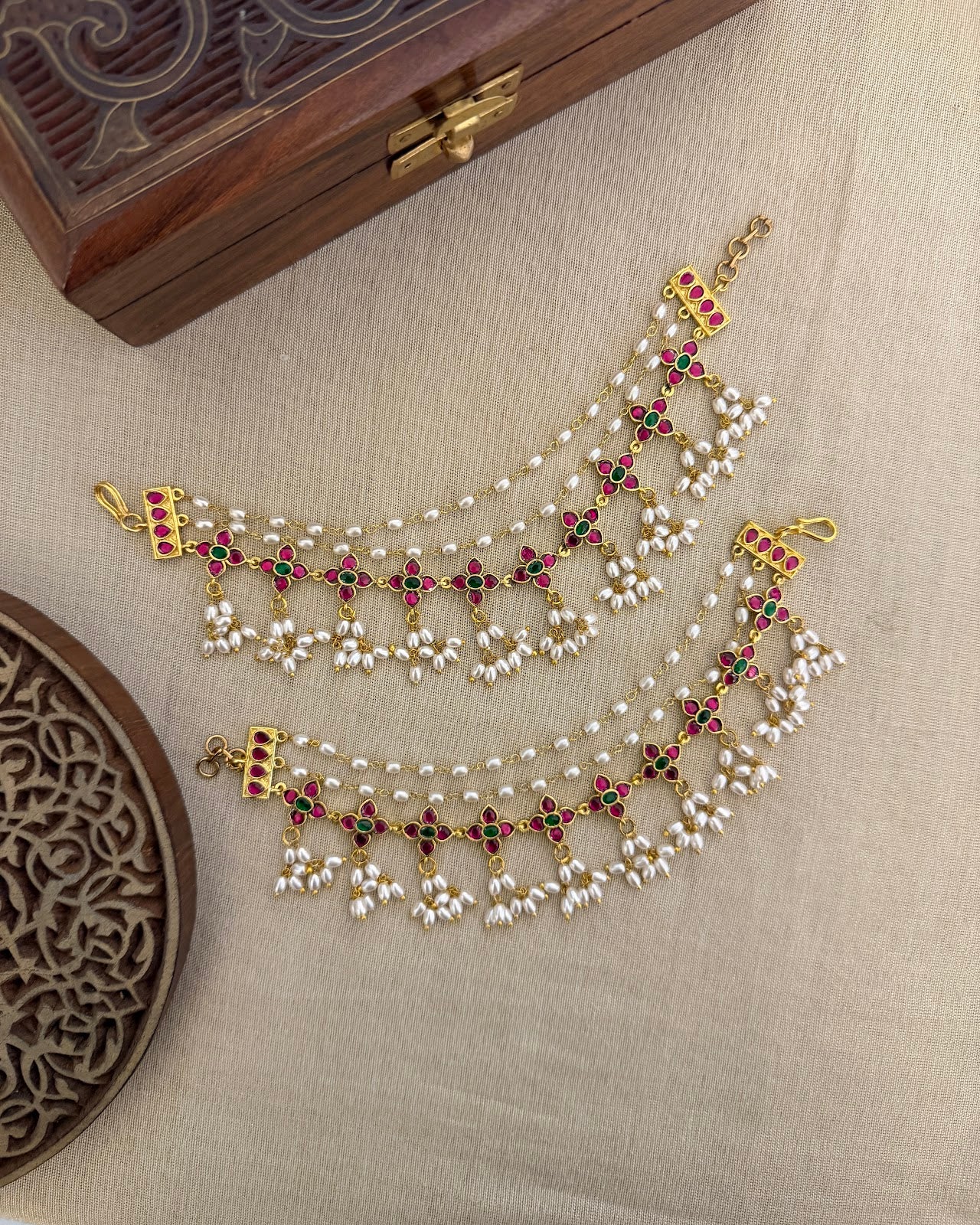 Kundan Three-Layer Ear Chain | Handmade Gold Plated | EC218