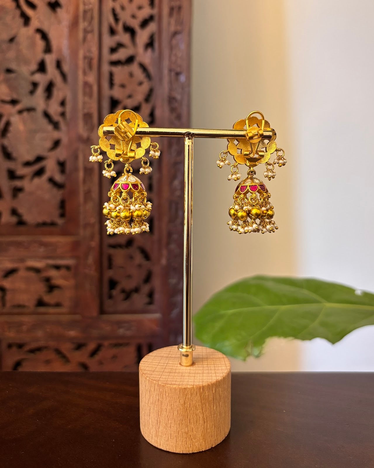 Traditional Ruby & White Jadau Kundan Jhumkas with Pearl Beads | Handmade Gold Plated | ER468
